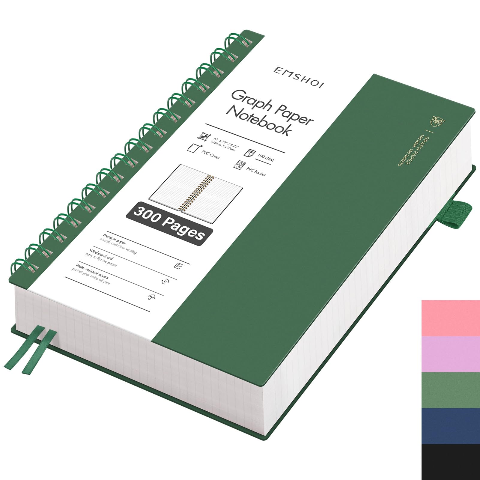 EMSHOI Notebook A5 Squared Spiral Notepad with 300 Pages / 150 Sheets, 100gsm Checked Paper for Writing, PVC Hard Cover, for School, Work, Drawing, Travel Journal, 14.5 × 21 cm, Ink Green