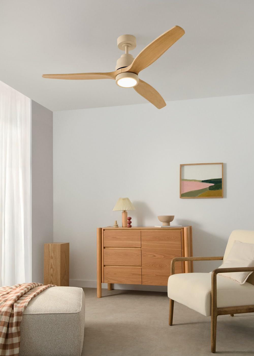 CREATE / WINDSTYLANCE M/Ventilatore da soffitto ABS con luce sabbia pale effetto legno naturale con telecomando/ 40W, Silenzioso, Ø132 cm, 6 velocità, estate-inverno, doppia altezza, motore DC