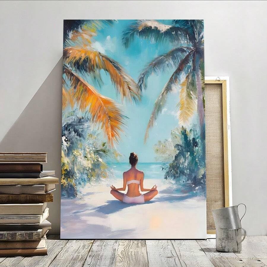 Impression sur toile beach woman avec palmier tropical 80x110 cm