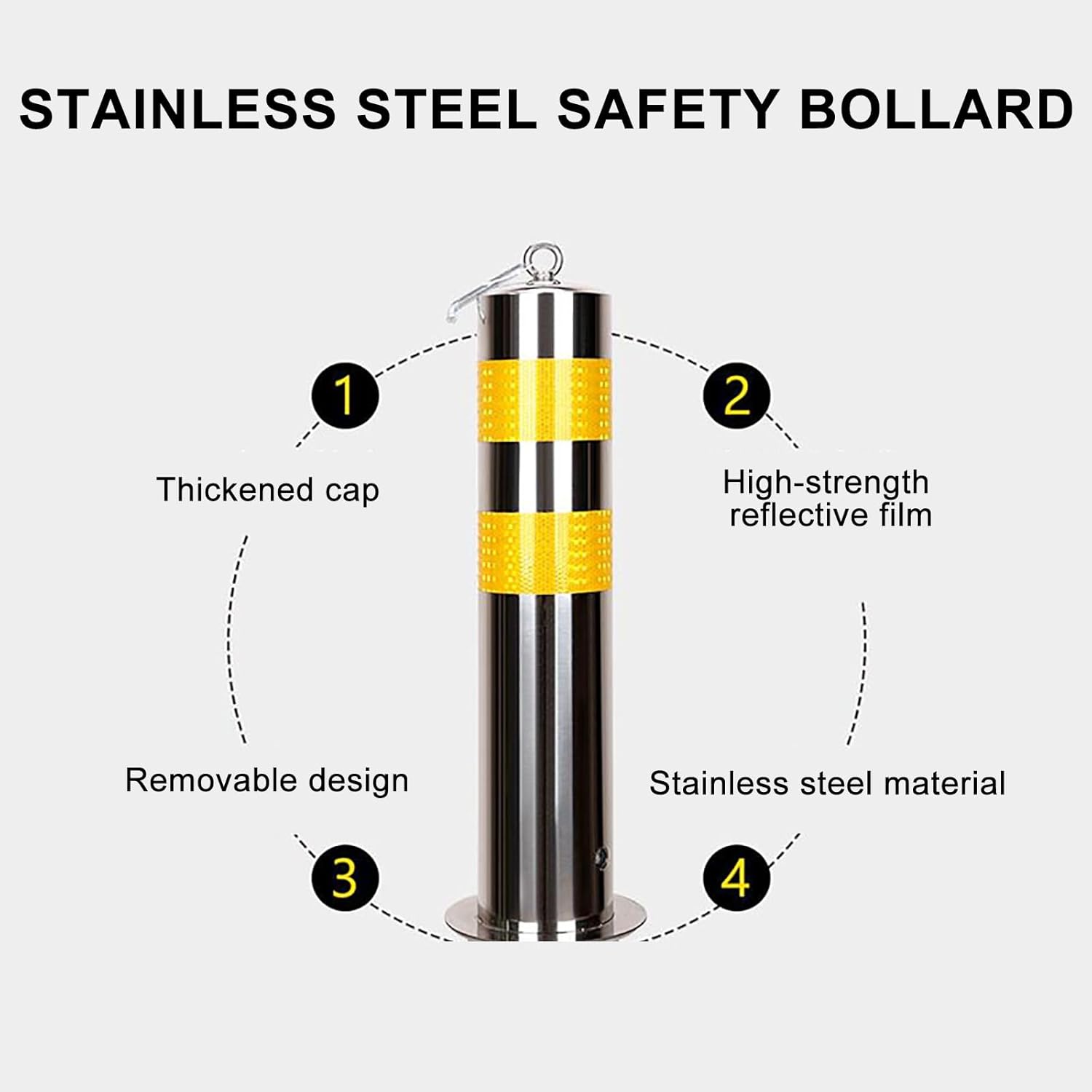 Industrial Steel Bollards, 5 Inch Diameter Steel Pipe Safety Bollard Post, Removable Reflective Tape Parking Bollards, Driveway Barrier, Safety Barrier(60x12cm/24x5in)