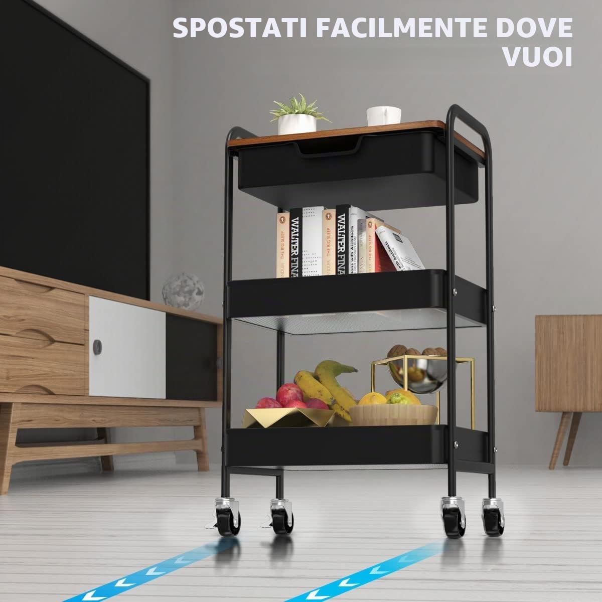 Shirvee Carrello a 3 Ripiani con Ruote e Cassetti Mobile Rotelle Salvaspazio Multifunzionale Storage Rack per Bagno Cucina (Nero)