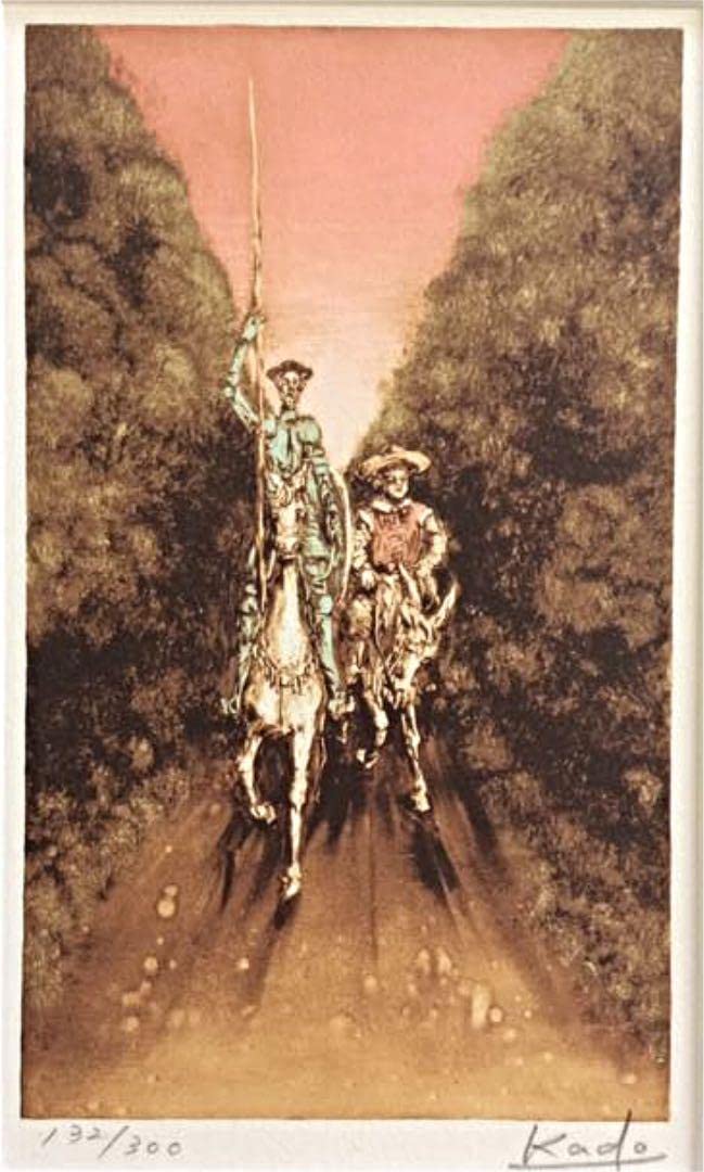 角　浩　「ドンキホーテと狩人達」　リトグラフ　手彩色　サイン入り　送料込み 角 浩 「ドンキホーテと狩人達」 リトグラフ 手彩色 サイン入り