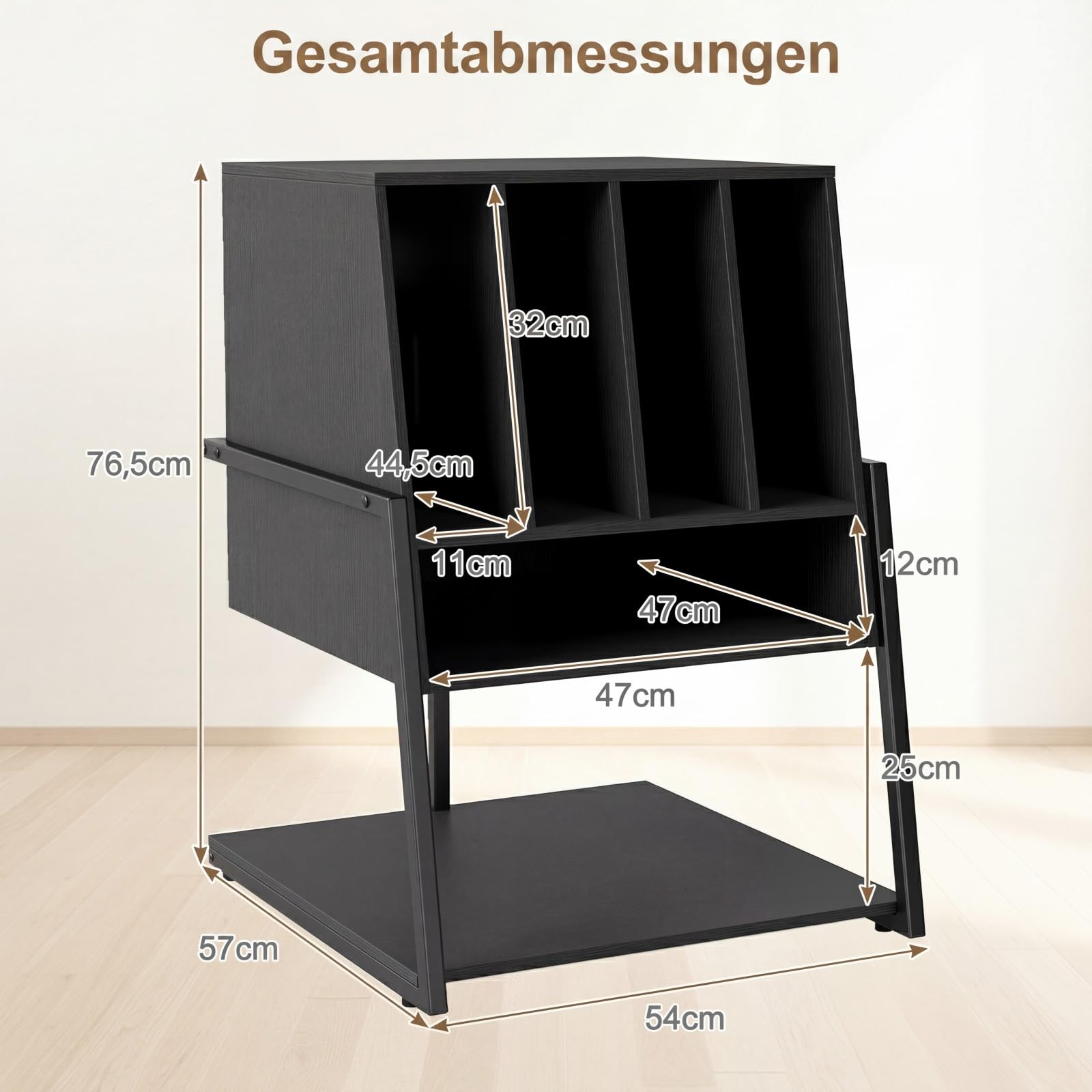 COSTWAY Plattenspielerständer, Vinyl Schallplattentisch mit breite Tischplatte, 4 Trennwänden & unteres Regal, Schallplattenständer Holz für Arbeitszimmer und Musikzimmer, 54 x 57 x 76,5 cm
