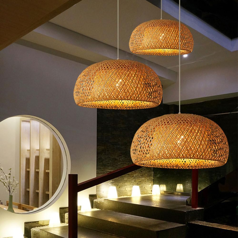 Lampadario a cesto di bambù a forma nido d'uccello Paralume Gabbia intrecciata in vimini Illuminazione a sospensione naturale Compatibile con la lampada da cucina in rattan,Lusso