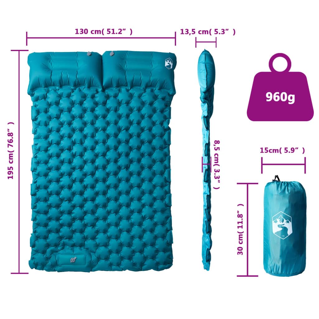 Colchoneta doble con cojín autoinflable azul para senderismo, playa, viaje, tienda de campaña