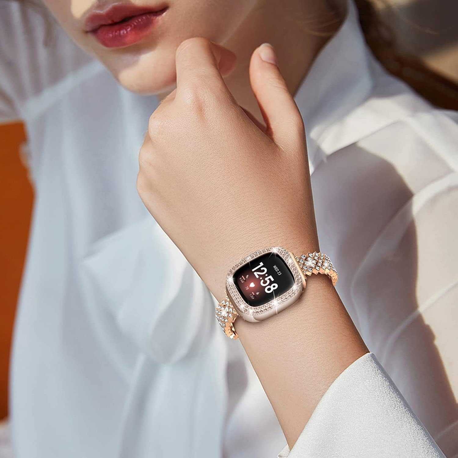 Bling Watch Band Compatible with Fitbit Versa 3/Sense for Women, Adjustable Crystal Alloy Strap Rhinestone Stainless Steel Metal Wristband Replacement (Rose Gold) - Image 6