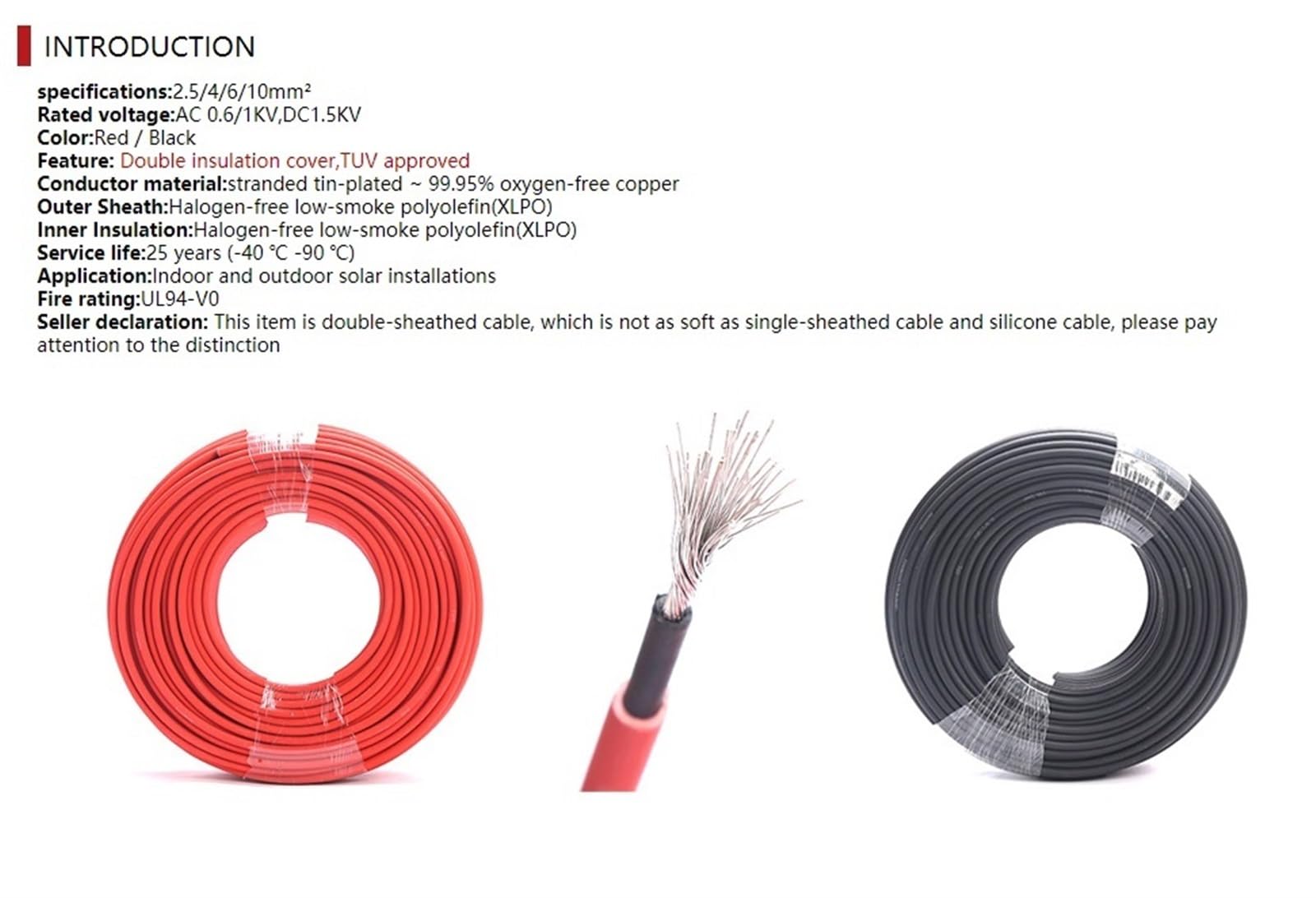 Cable eléctrico, cable conductor de cobre solar, cable fotovoltaico de 2 a 30 metros, cable solar rojo o negro.(Red 6 meter,10 AWG 6mm2)