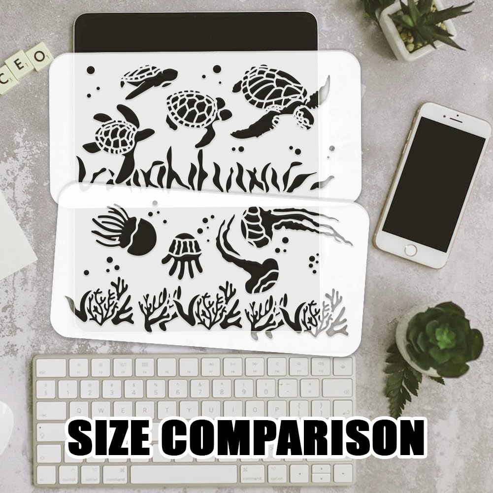 FINGERINSPIRE 3Pcs Marine Life Border Stencils 30x15cm Turtle Seaweed Jellyfish Sea Animal Coral Marine Plant Painting Stencil Summer Ocean Theme Spraying Template for DIY Craft Home Furniture Decor - Image 3