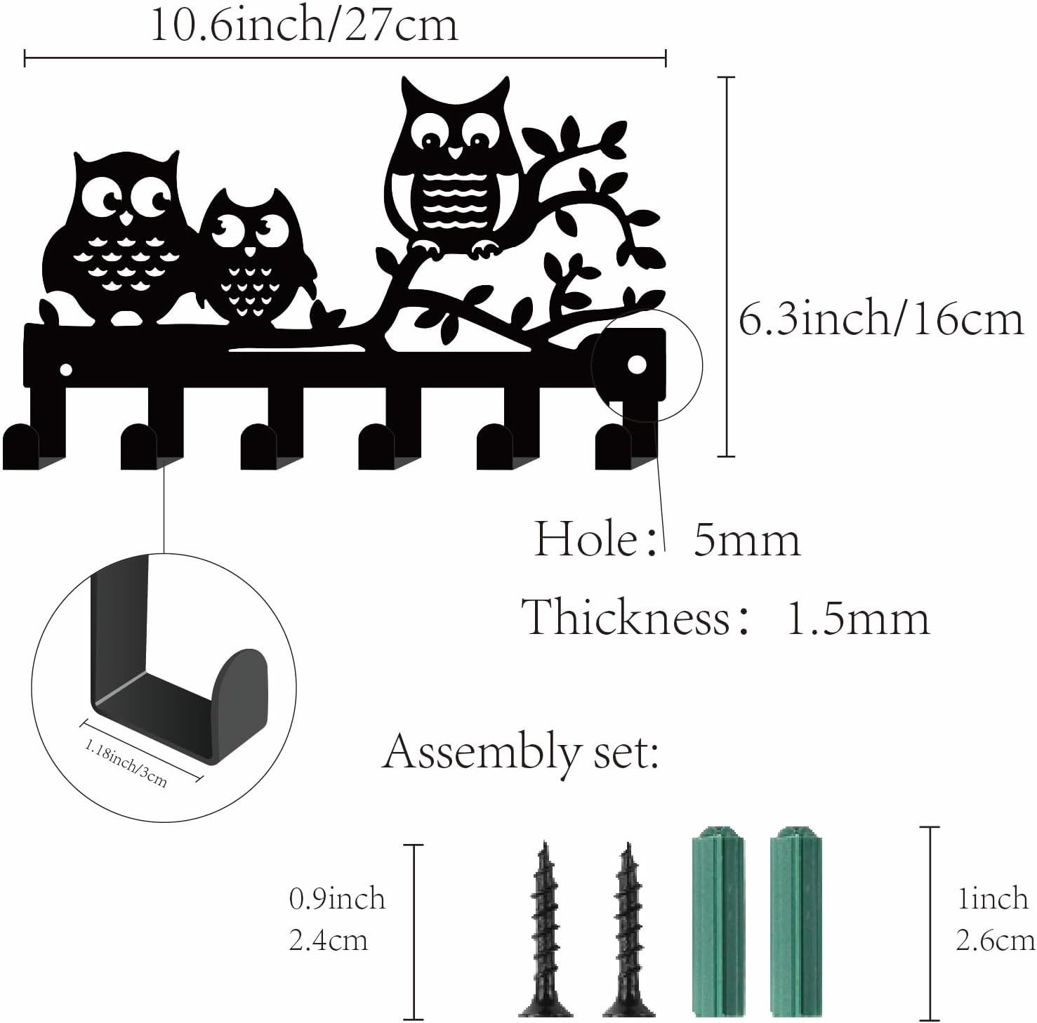 CREATCABIN Owls Key Holder Wall Mount Branch Key Hangers Hooks Metal Keys Hanger for Wall Black Key Organizer Rack Hanging Wall Decorative with 6 Hook for Entryway Front Door 10.6x6.3Inch