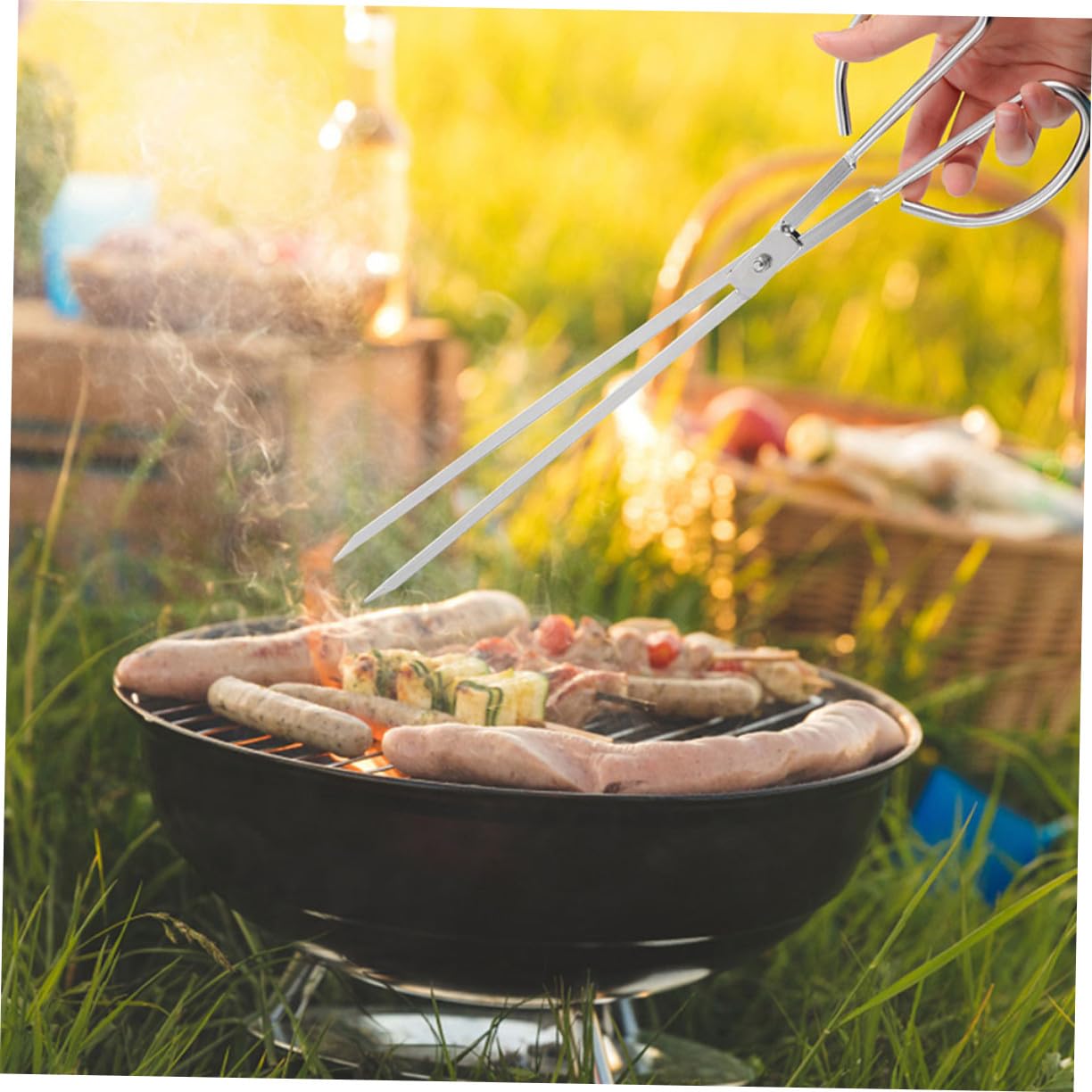 Pinza per Barbecue in Acciaio Inox, Lunga, per Carbone e Stufa | Argento, Uso Domestico e Campeggio, Resistente All'usura, Manico Allungato