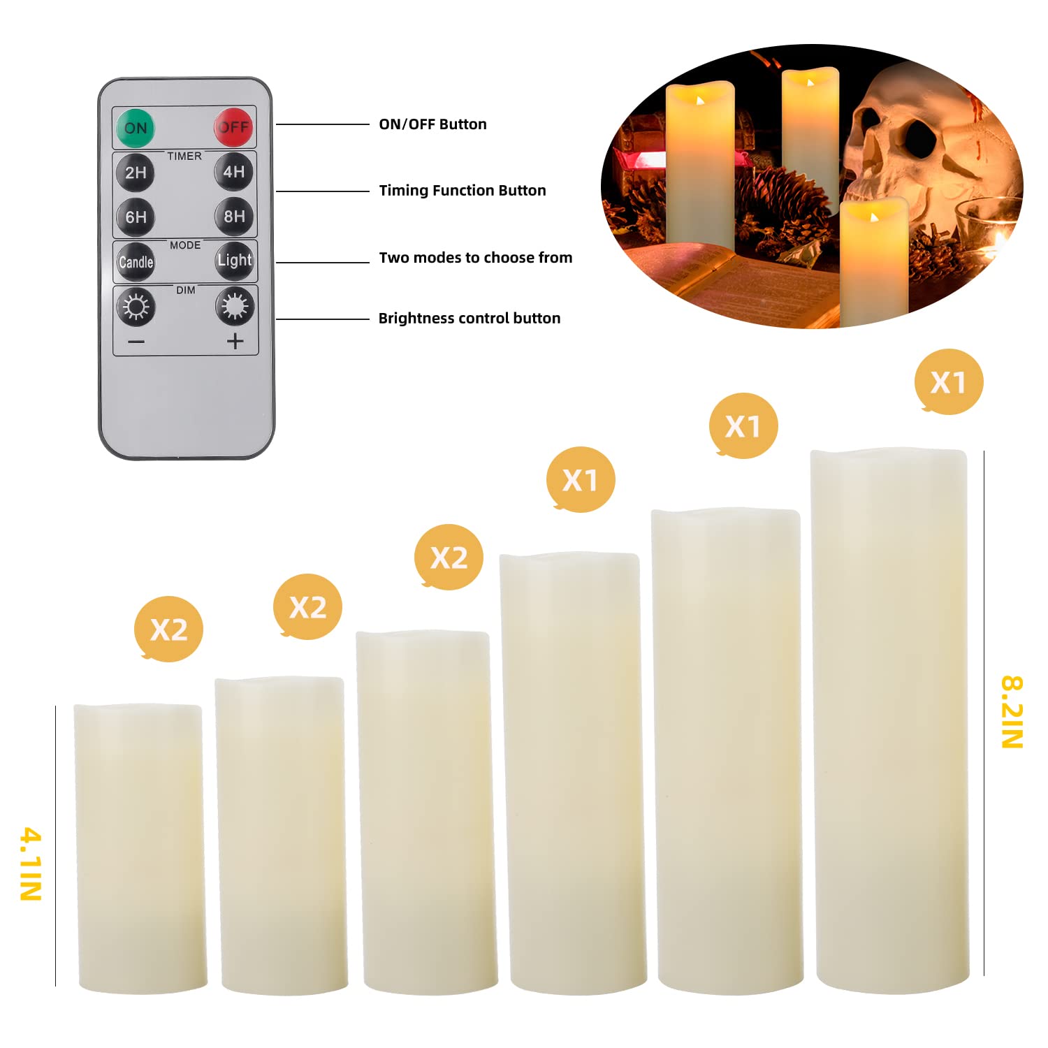 LED Kerzen, Flammenlose Kerzen Set von 9,Batteriebetrieben Kerzen Flackern, D5,5cmxH10/12,5/15/17,5/20/22,8cm, Echtwachs-Stumpenkerzen mit Fernbedienung und 24-Stunden Timerfunktion (Elfenbein)