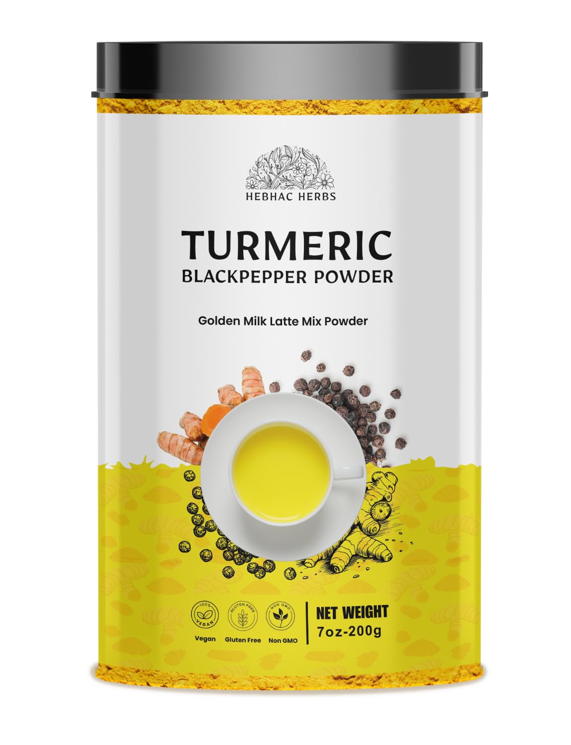 Hebhac Herbs Suplemento de Cúrcuma em Pó com Pimenta-preta 450 mg, 200 g