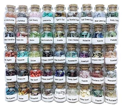 A Set of 45 Different Crystal Gemstones in Glass Bottles, Chakra Healing Crystals, Witchcraft Crystals, Metaphysic Tumbled Crystal Chip Chakra Stones Set