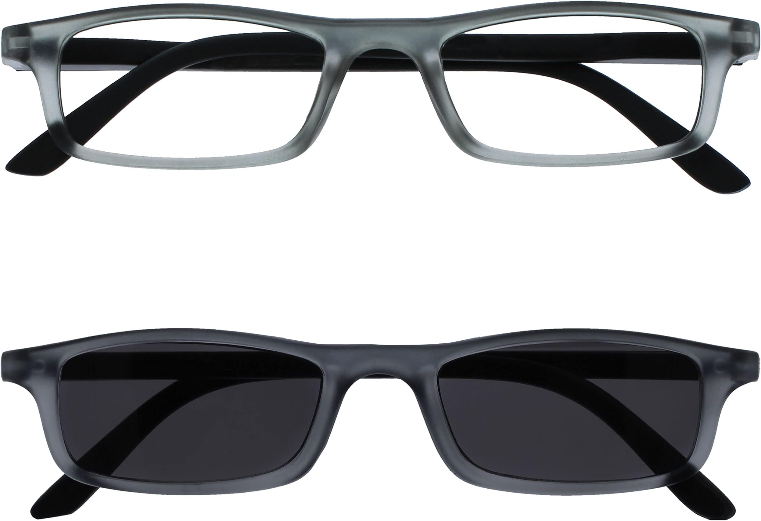 TED Reading Glasses and Reading Sunglasses for Women Men, Lightweight Narrow Rectangular Matt Frame with spring Hinges and Tinted UV400 Protection Lens, Grey +3.50 (Pack of 2)