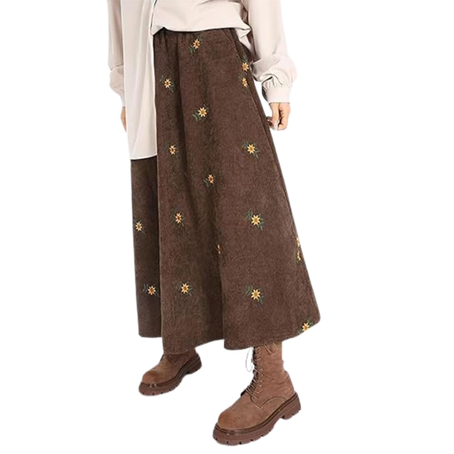 Gonne Lunghe da Donna in Velluto a Coste con Ricami Floreali, Gonna Midi Lunga in Velluto a Coste con Tasche, con Tasche gonne Invernali