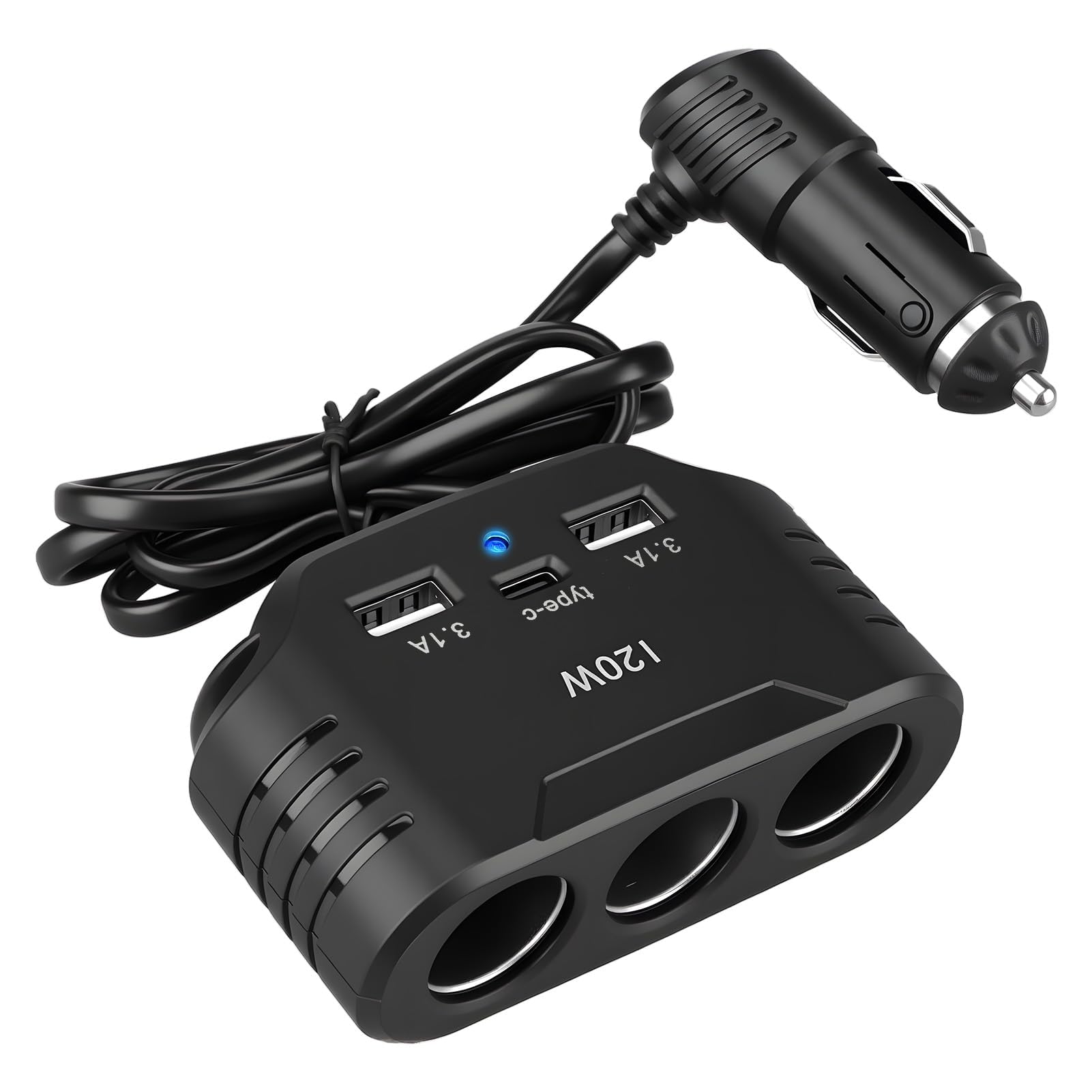 120W Prise Allume Cigare 12V 24V, Adaptateur avec 3 Prises Allume-Cigare 2 USB-A Port 1 Type C 5V 3.1A, Multi Chargeur Splitter avec LED pour Tablette GPS Phone Dash Cam Caméra Voiture