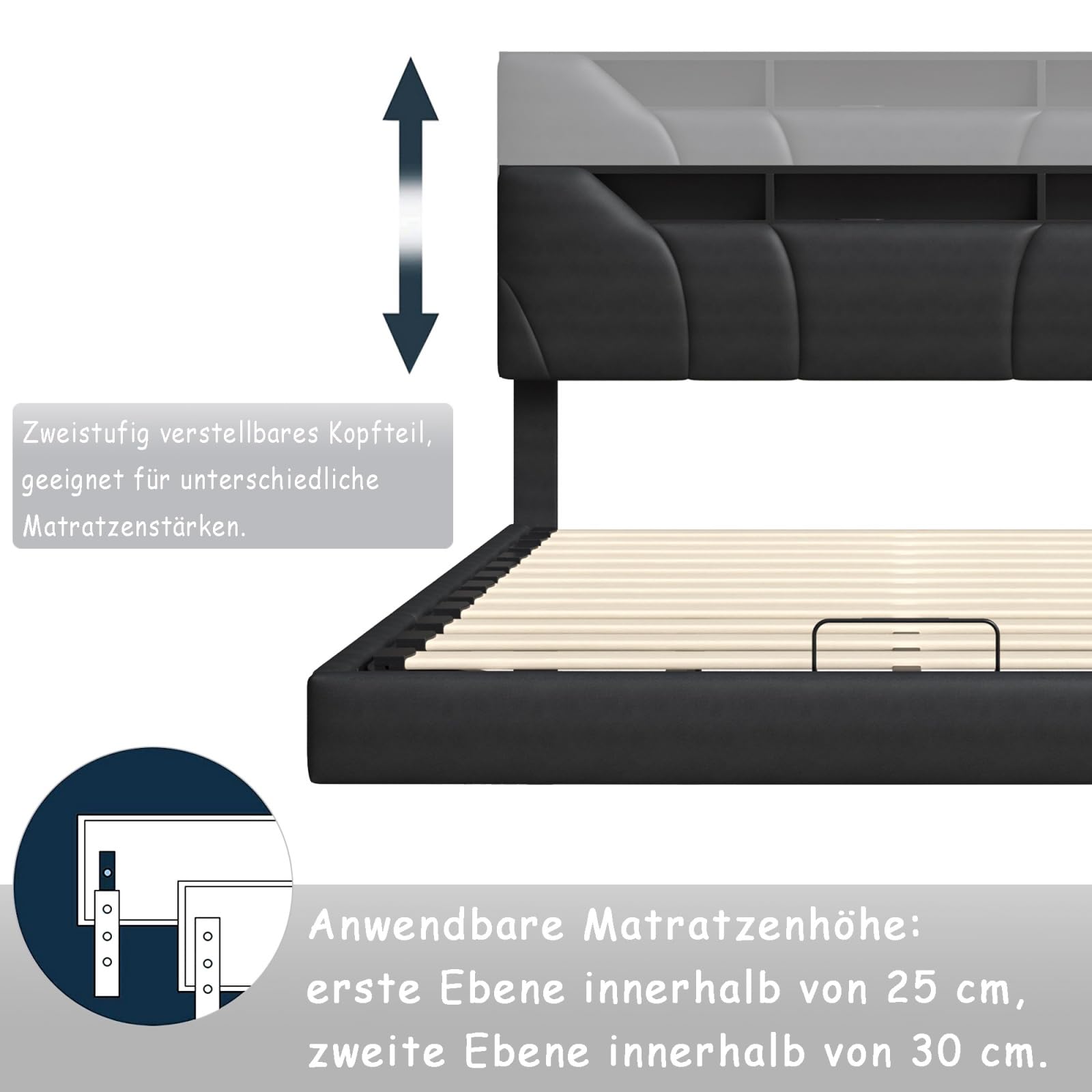BestAlice Letto matrimoniale imbottito 140 x 200 cm, letto sospeso con stazione di ricarica e LED, letto per ragazzi, testiera regolabile con ripiani aperti e spazio di archiviazione, PU nero