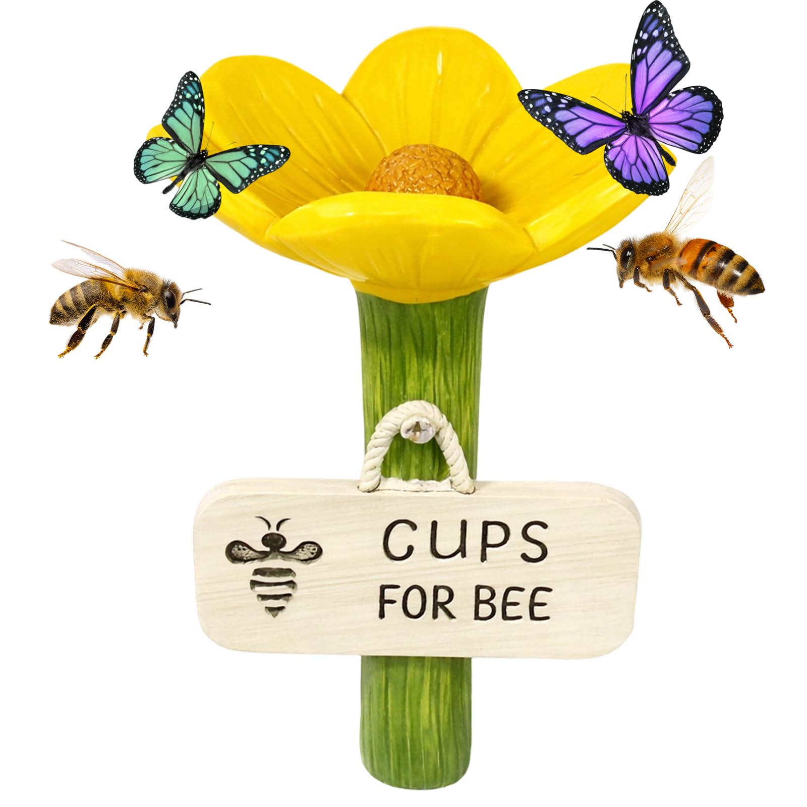 Cups for Bees, Bee Cups For Garden, Ceremic Flower Shaped Butterfly Bee Watering Station, Bee Watering Station For Garden for Farm Pathway Driveway Garden Decor (Yellow)