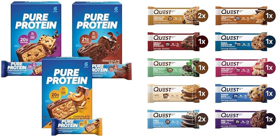 Pure Protein Bars Variety Pack with 18 Bars & Quest Nutrition Protein Bars Variety Pack with 12 Bars, High Protein, Gluten Free