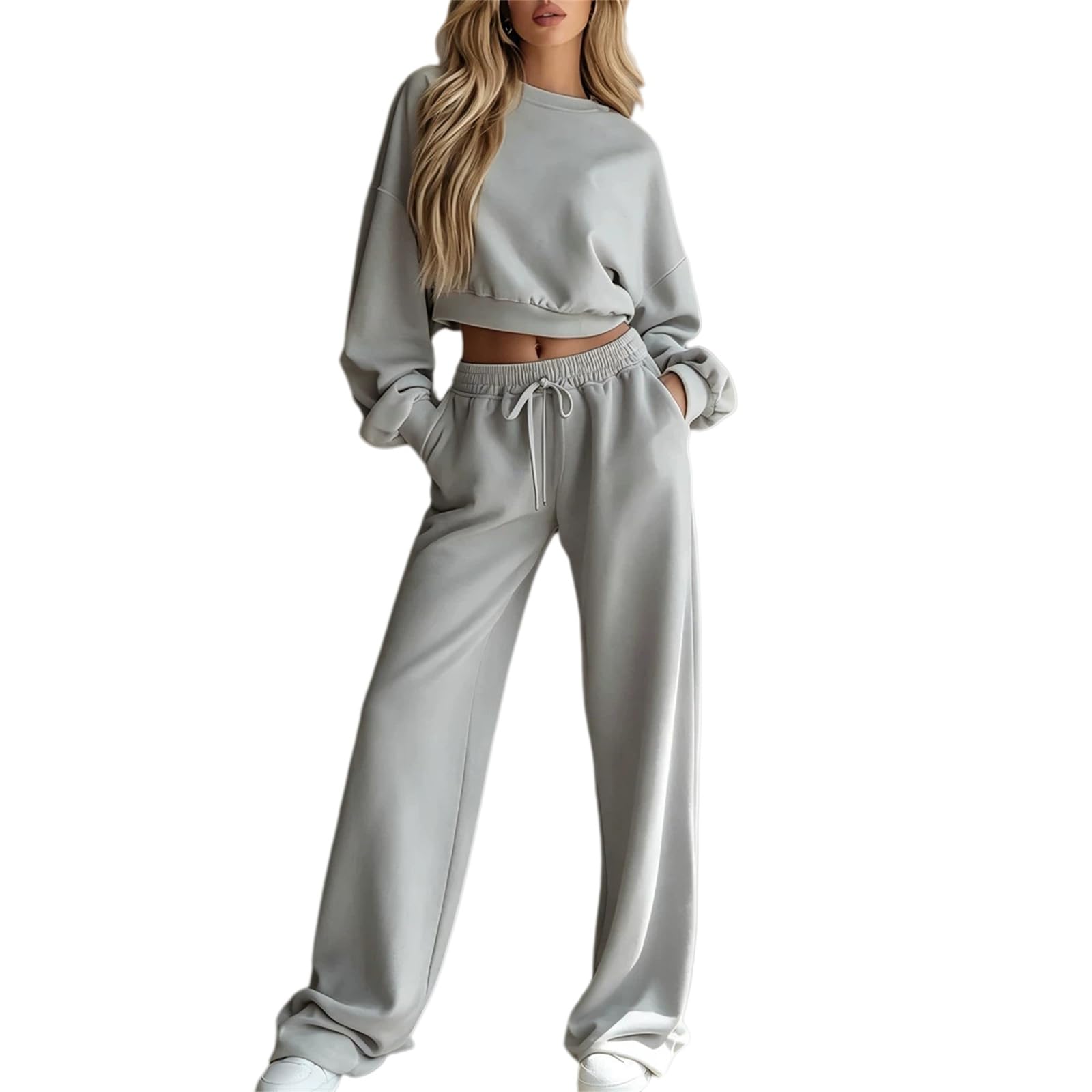 Damski zestaw 2 sztuk bluza Crop Pulower Luźne szerokie spodnie | Wygodny zestaw z krótką bluzą i szerokimi spodniami, idealny do podróży, relaksu i swobodnego stylu