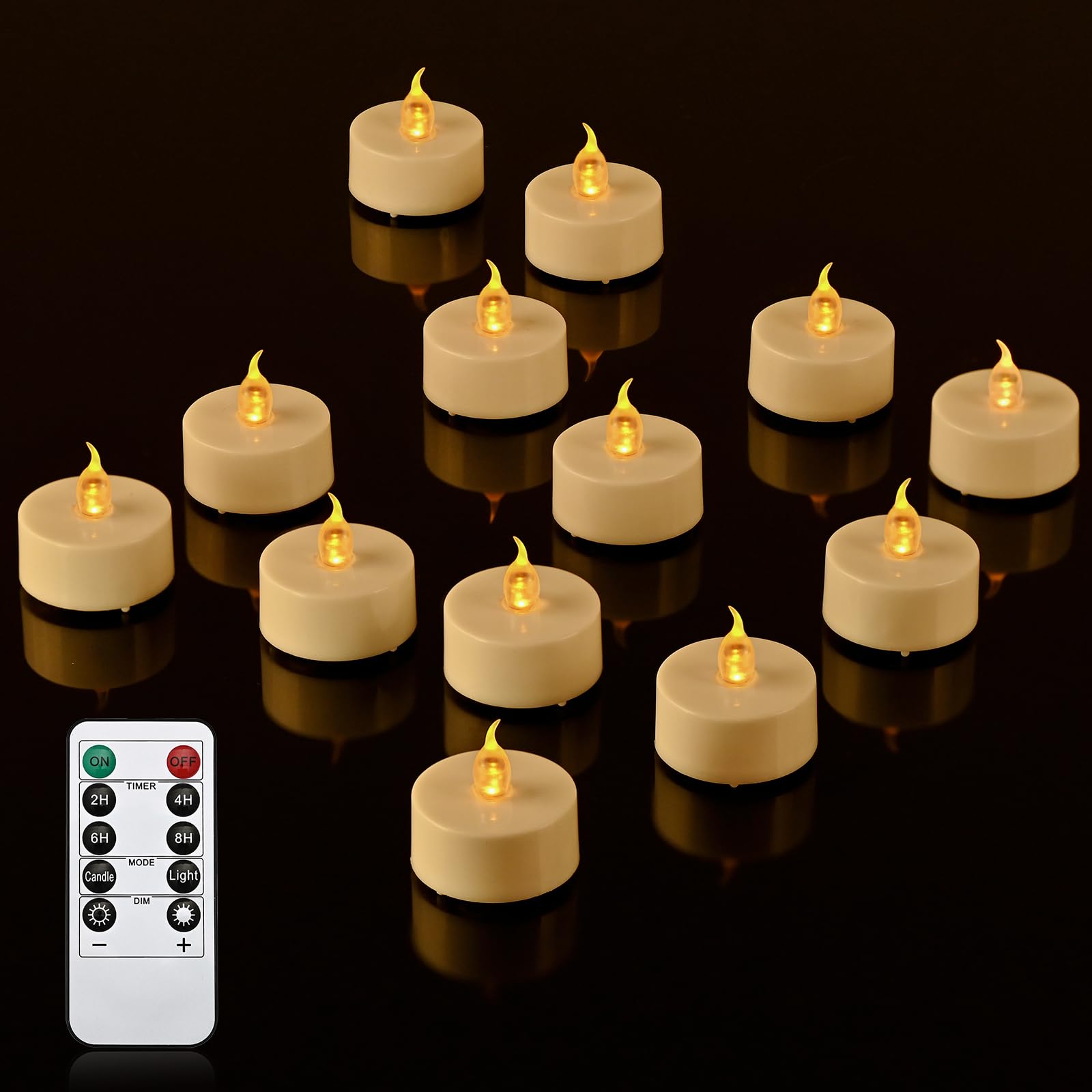 cimetech 12 velas de té LED con temporizador, mando a distancia, sin llama, velas eléctricas parpadeantes, funcionan con pilas, velas de té para el hogar, habitación, mesa, Halloween, decoración