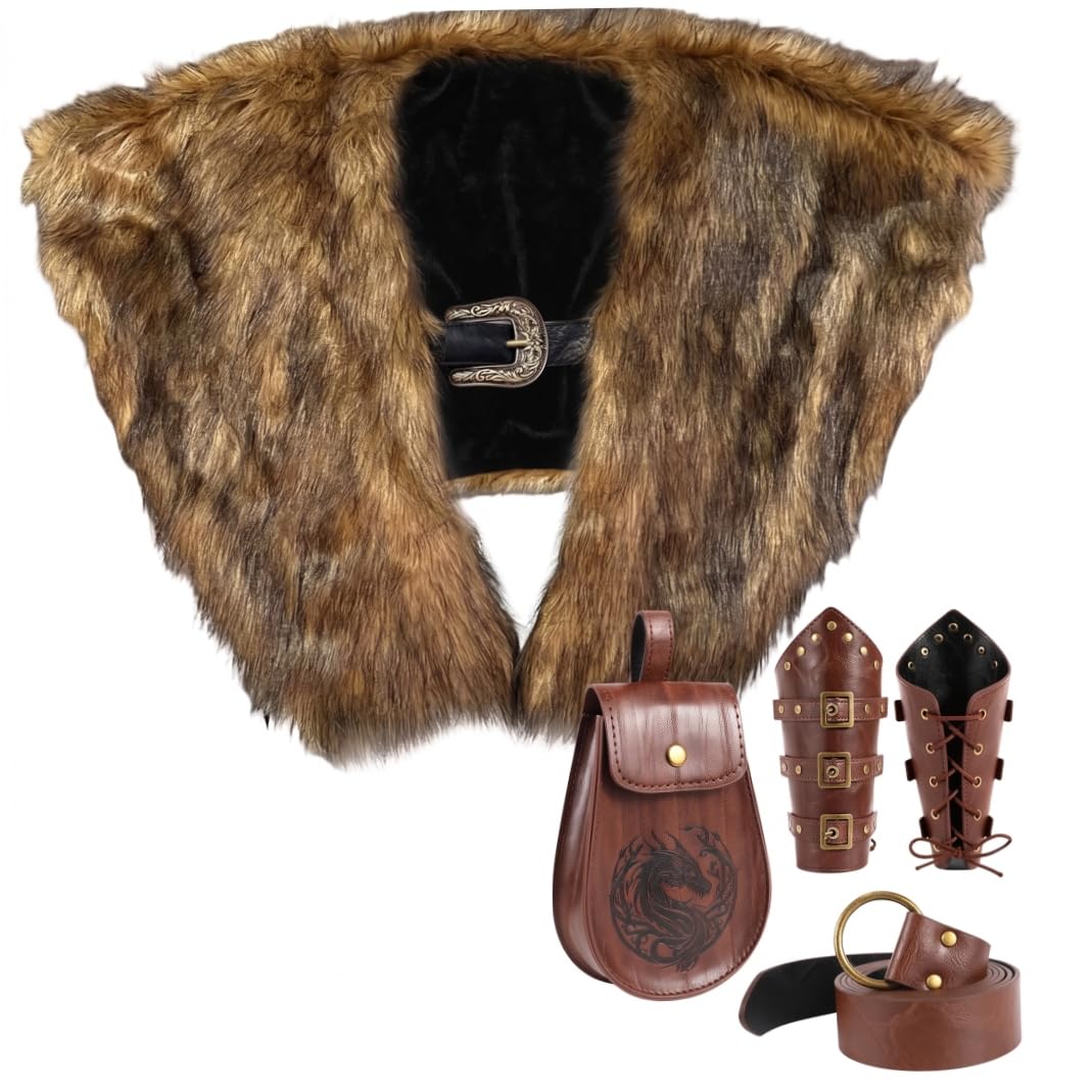 Costume da barbaro da uomo in costume da vichingo, scialle in pelliccia sintetica e set di accessori pelle per stile cosplay 1, vestito da vichingo