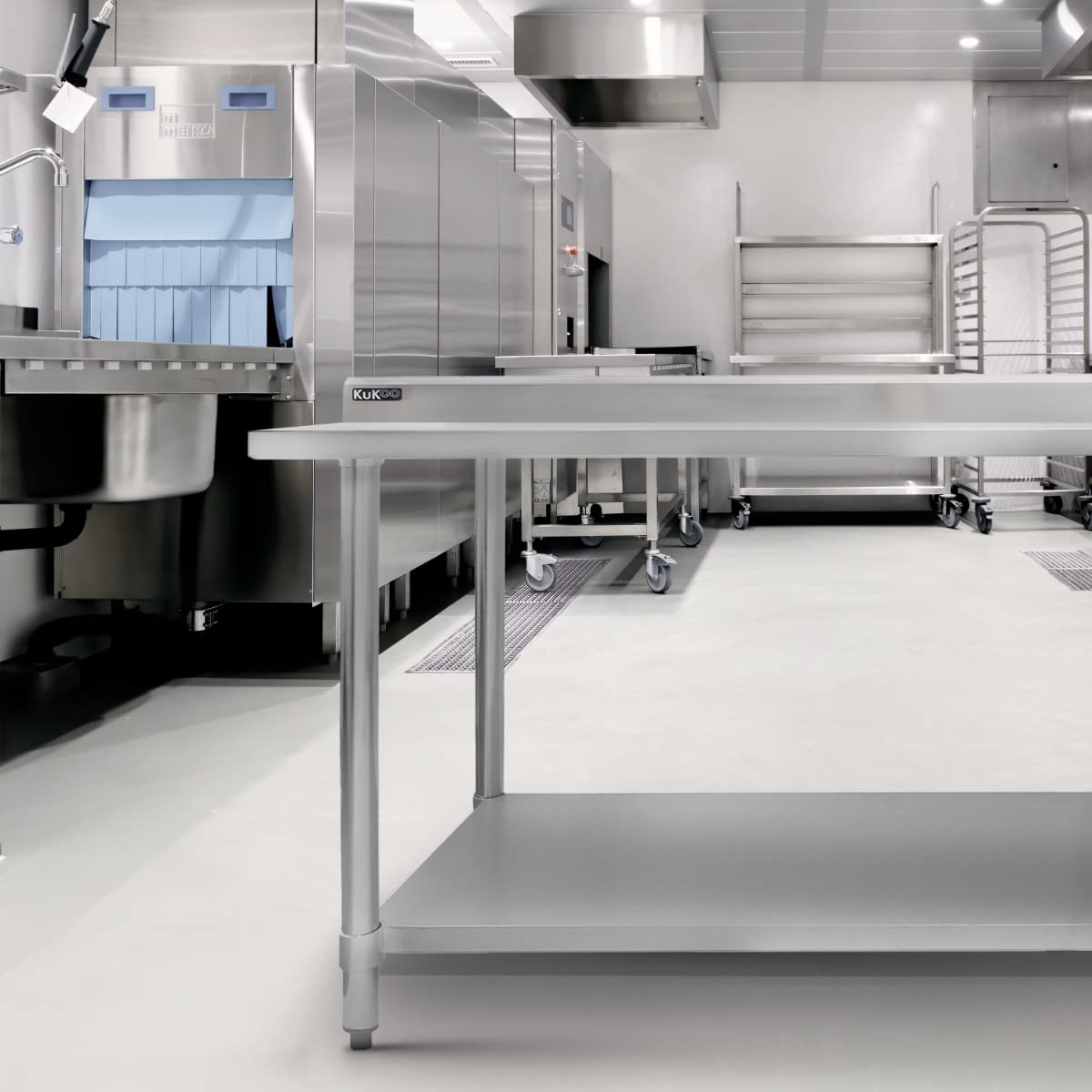 Mesa de Preparación de Comida Alimentos de Acero Inoxidable 120x90x60cm Encimera Banco Trabajos Cocina Restauración Gastronomía Altura Ajustable con Protector contra Salpicaduras y 2 Paños Microfibra
