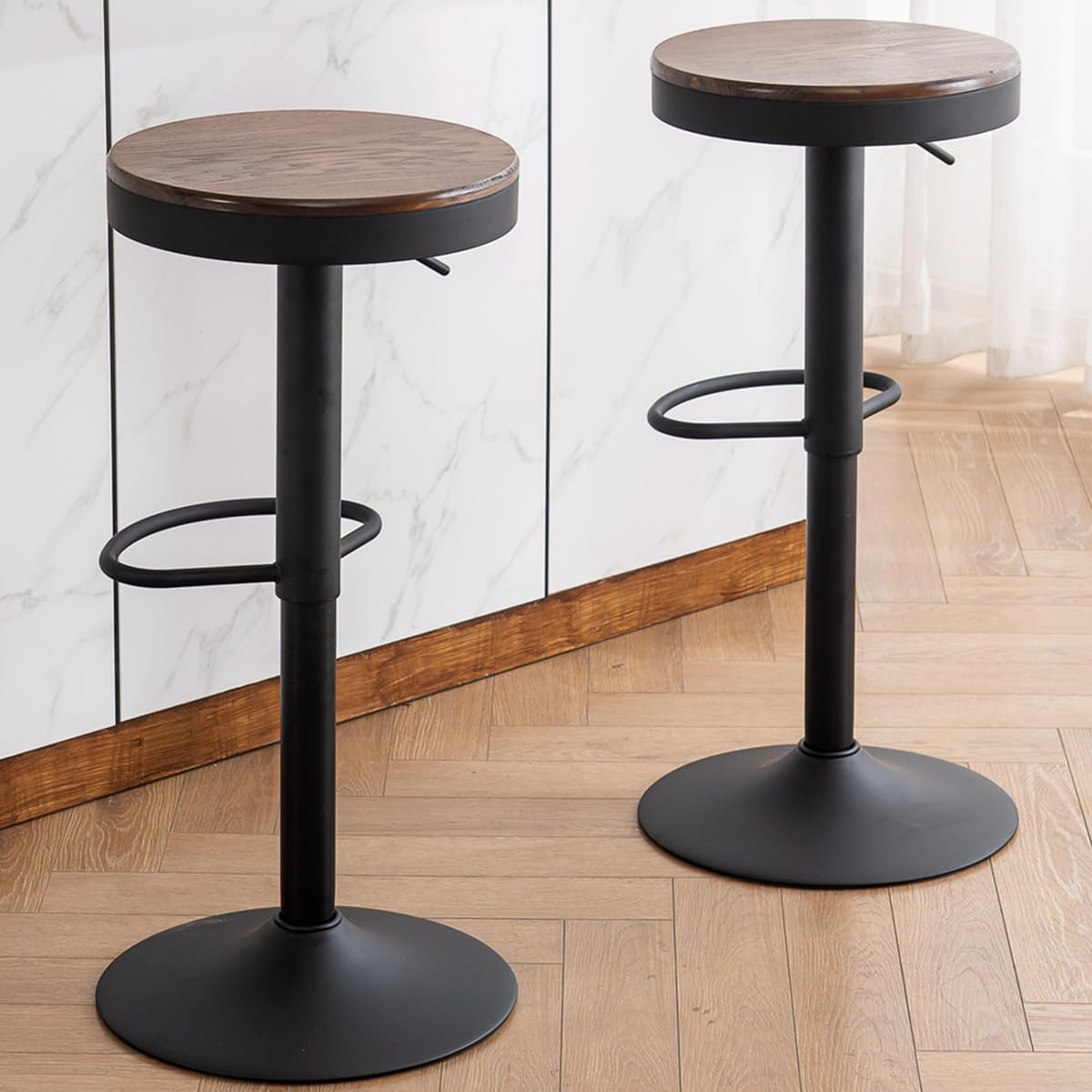 Kidol & Shellder Bar Stools Set of 4 Round Adjustable Swivel Barstools Modern Backless Bar Chairs Wooden Seat Counter Height Stools Armless for