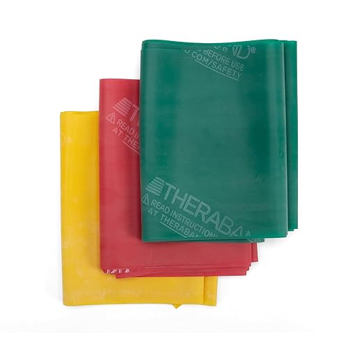 Juego de bandas de resistencia THERABAND, bandas elásticas de látex profesionales para la parte superior e inferior del cuerpo, ejercicio central, fisioterapia, pilates inferiores, entrenamientos en casa y rehabilitación, 5 pies, amarillo, rojo y verde, principiante