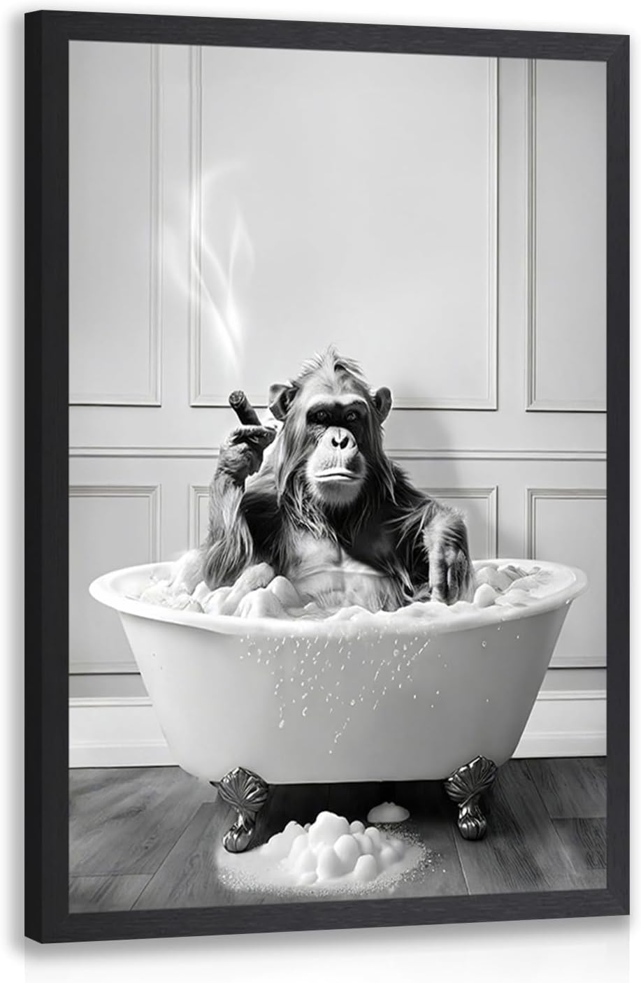 IAFWZX Wood Framed Funny Bathroom Wall Art, Humor Black Cat In Bathtub Wall Decor, Vintage Henri Matisse Canvas Painting, Whimsical Cute Animal Poster Print for Living Room Bedroom 16"x24"