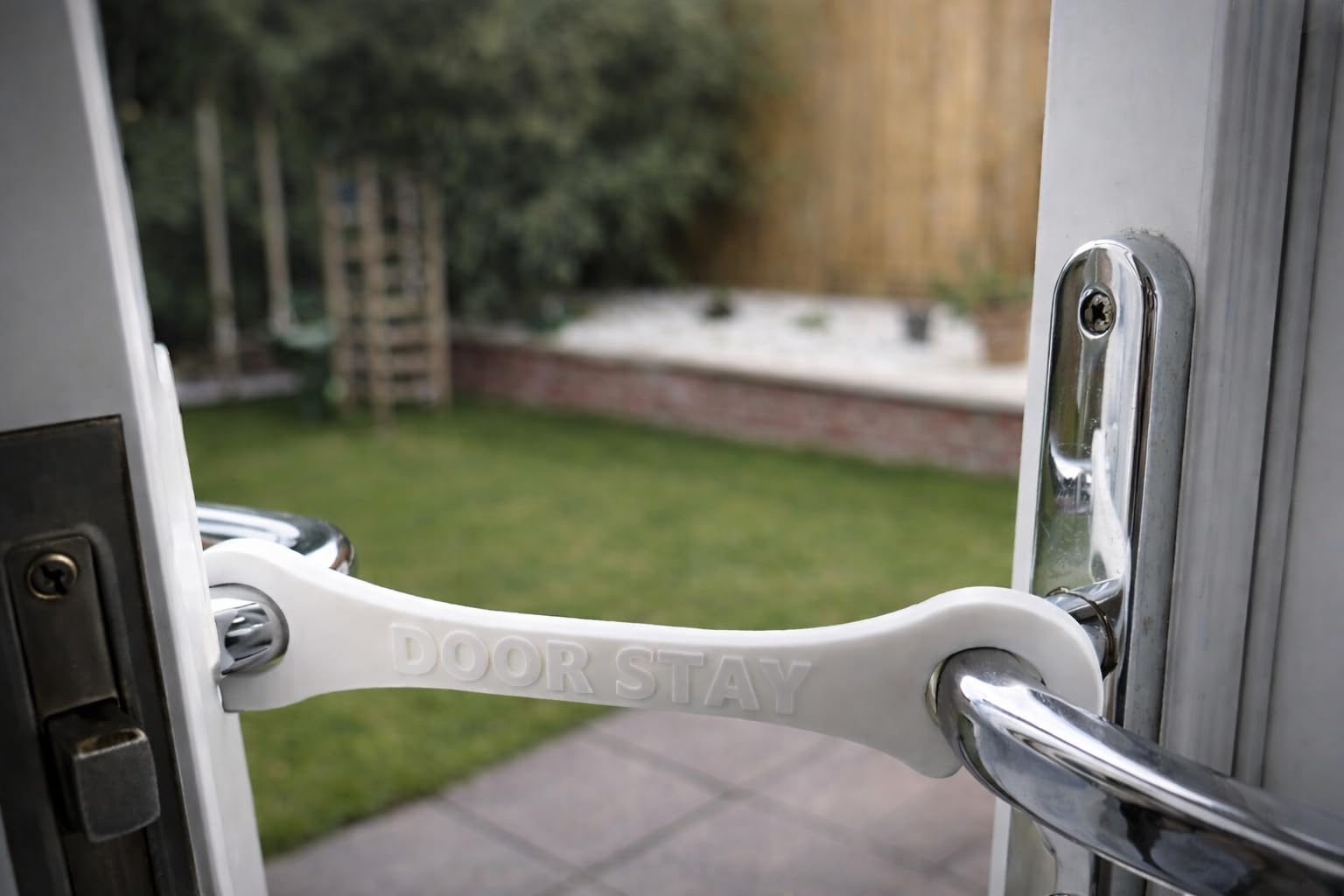 Hold Open Patio Door Holder – French Door Stay (Restraint) – for Cats, Dogs & Ventilation – White – 18–20 cm Opening