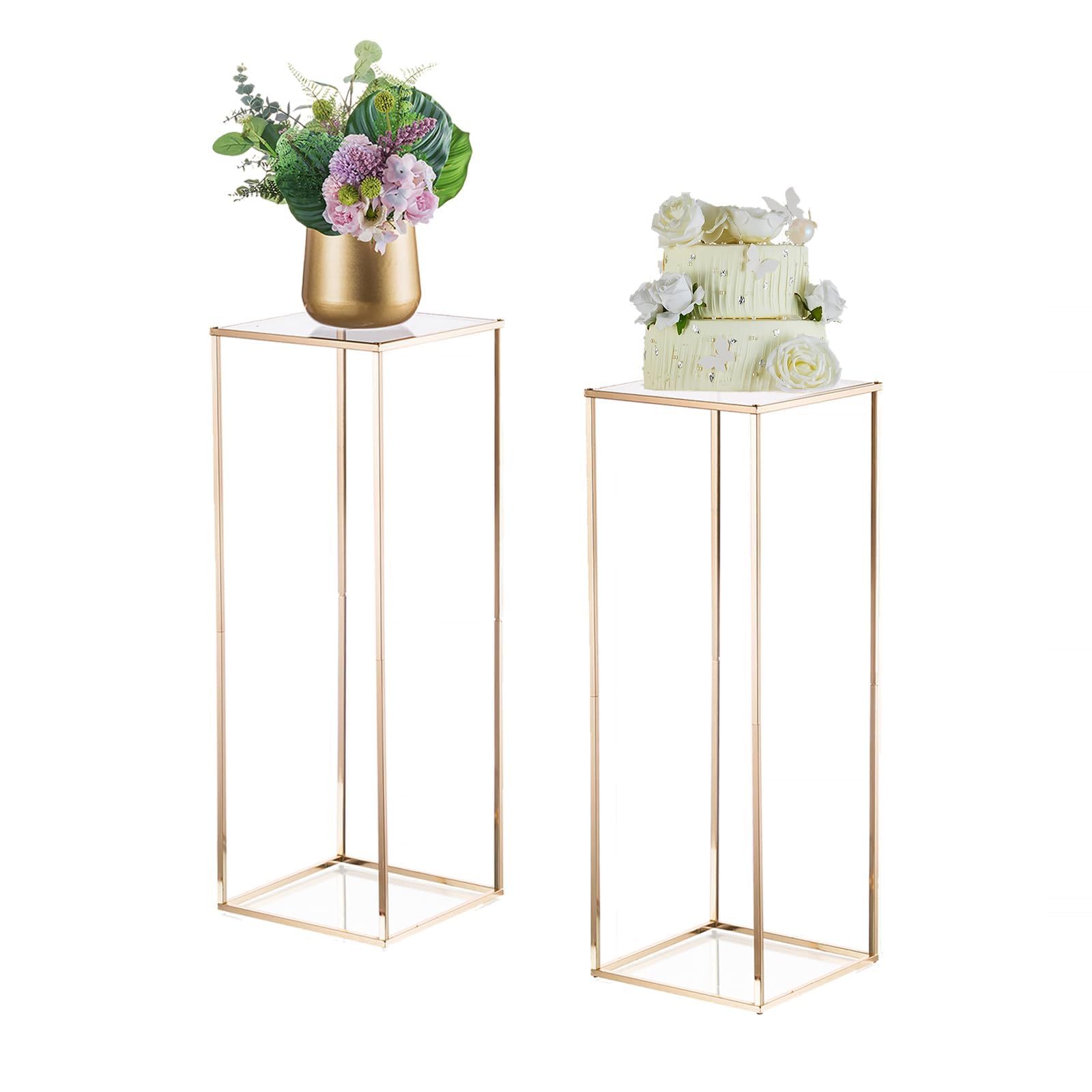 Gold Flower Stand Wedding : 2 Pcs 80cm Tall Metal Column Vase with Acrylic Panel for Table Centrepieces Rectangular Geometric Floor Rack for Birthday Party Anniversary Living Room Decorations