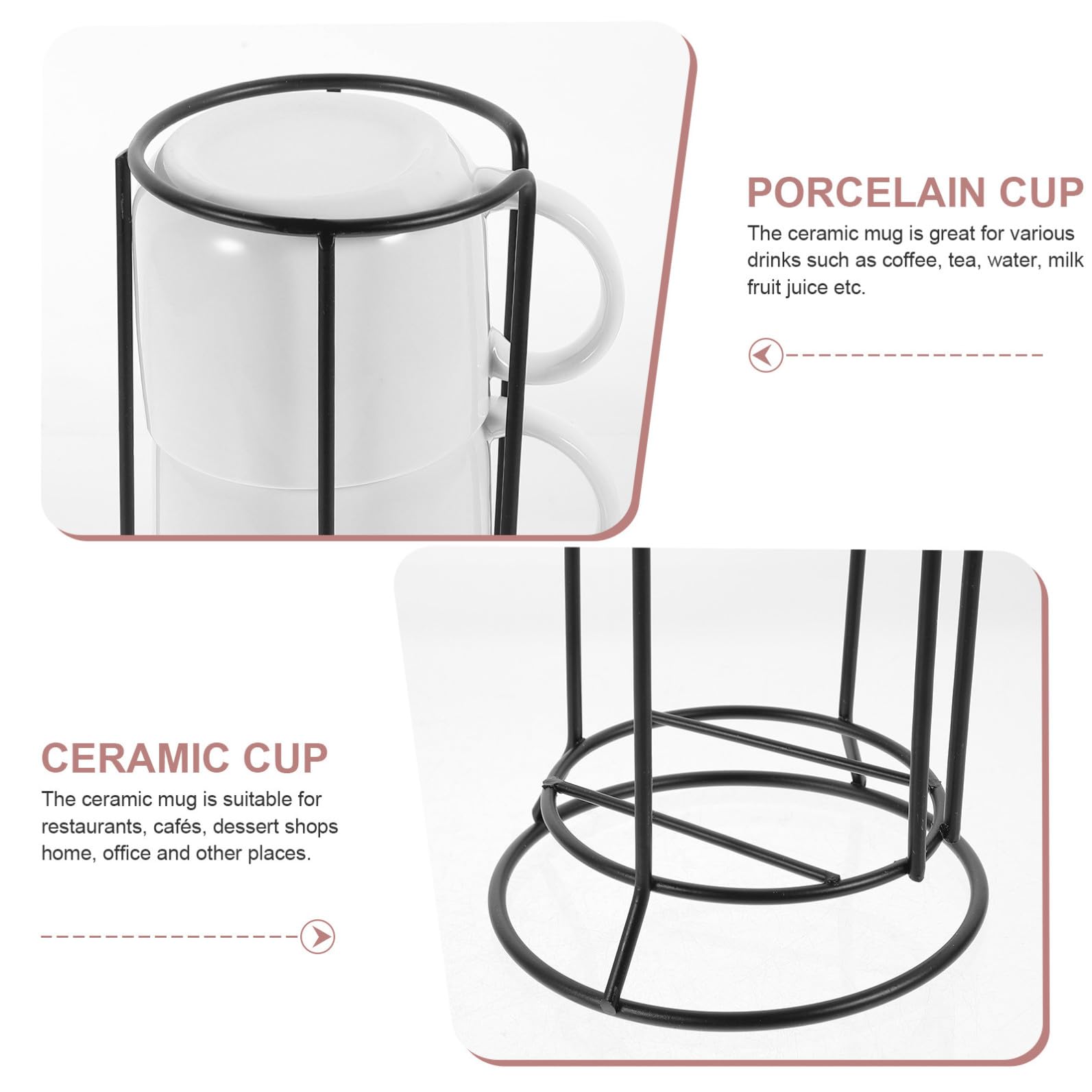 PACKOVE Juego de 3 Tazas de Cerámica con Soporte de Metal, Taza de Café con Leche para Uso Diario, Diseño Ergonómico y Resistente, Adecuado para Hogar y Oficina