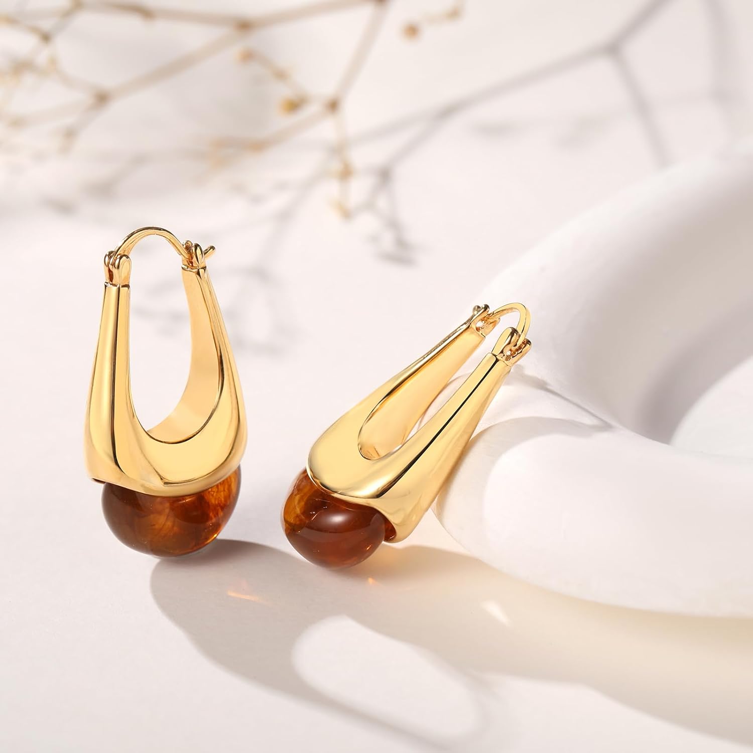 Valentine Day Gifts for Her Women,Vintage Chunky Gold Hoops Earrings for Women, Gold Dangle Drop Earrings with Brown/Pink/White/Green Resin Gemstones, 18K Gold Plated Trendy Statement Earrings,Exaggerated Large Teardrop Trendy Jewelry for Christmas - Image 3