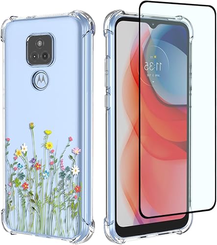 Funda para Moto G Play 2021Motorola G Play XT2093 con protector de pantalla, funda transparente con patrones de jardín de flores, funda protectora