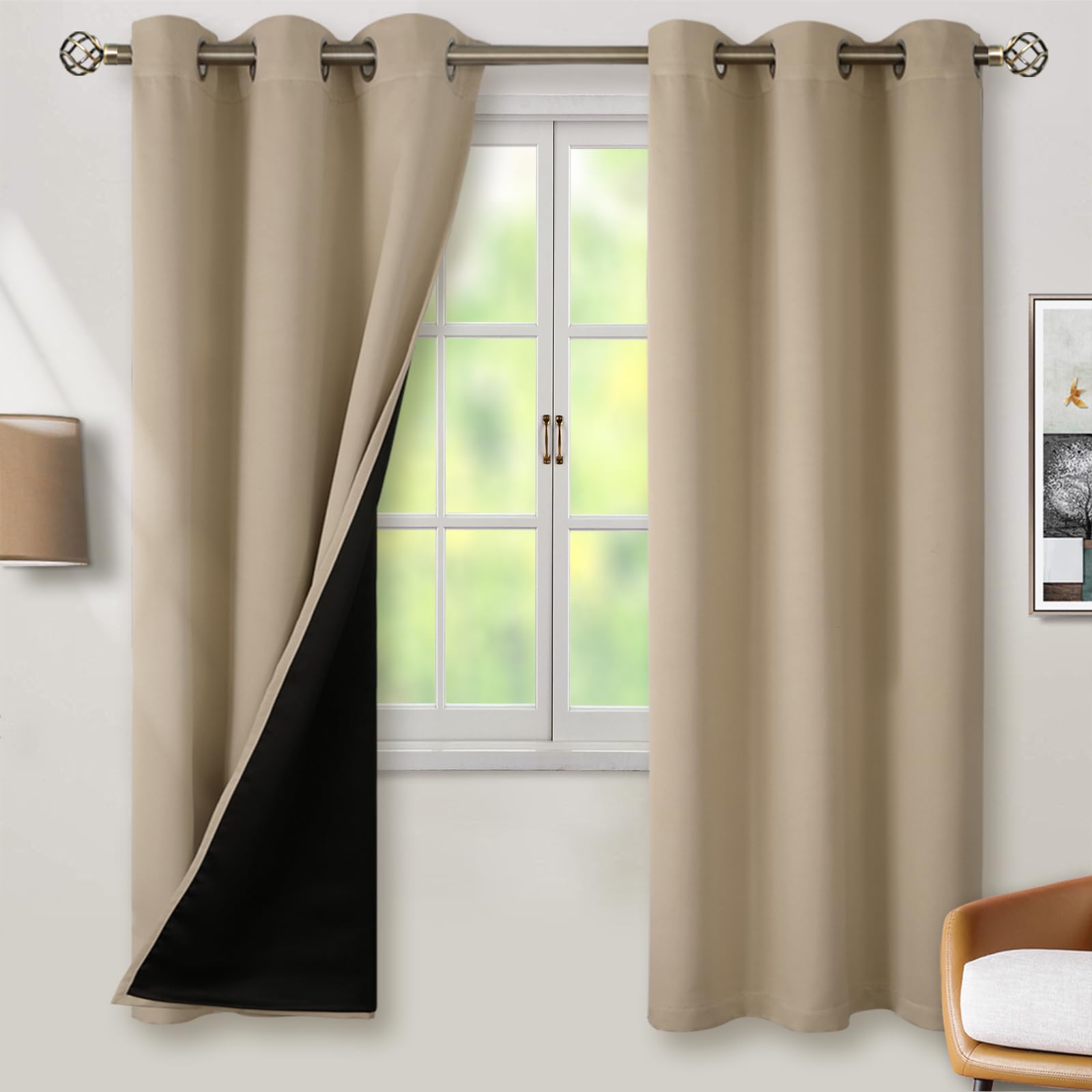 BGment Thermal Insulated 100% Blackout Curtains for Bedroom with Black Liner, Double Layer Full Room Darkening Noise Reducing Grommet Curtain (42 x 72