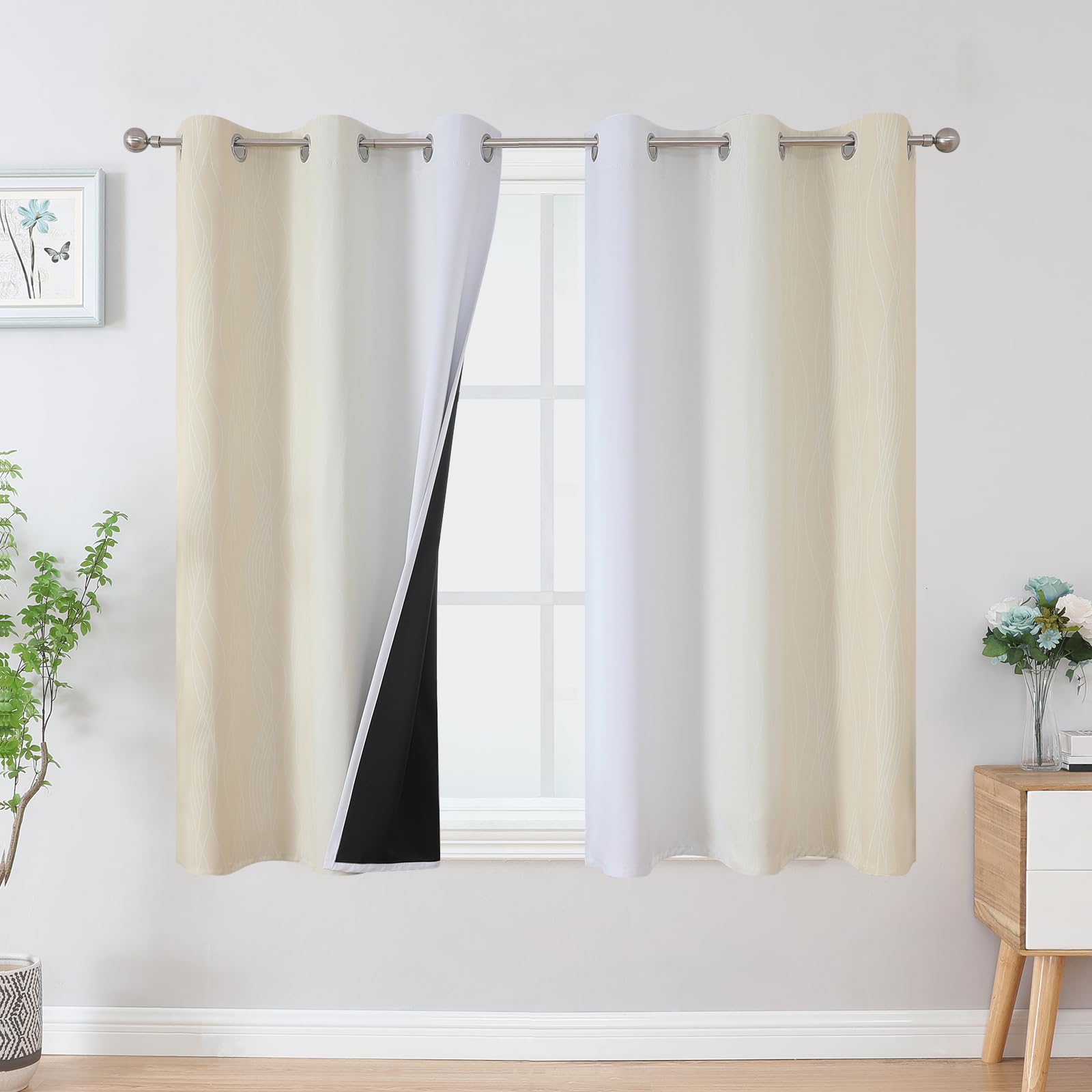 Estelar Textiler Beige and Greyish White Ombre Blackout Curtains 45 Inch Length 2 Panels, Full Room Darkening Gradient Drapes for Bedroom, Thermal Insulated Grommet Short Curtains for Bathroom,42Wx45L