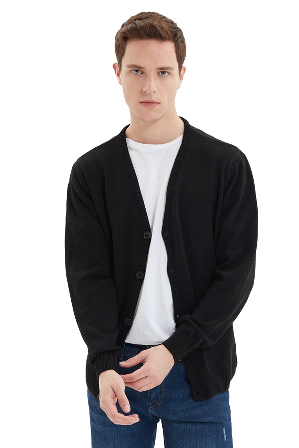 Trendyol Herren Schwarz Young Regular Standard V-Neck Woven Cardigan Pullover, Small