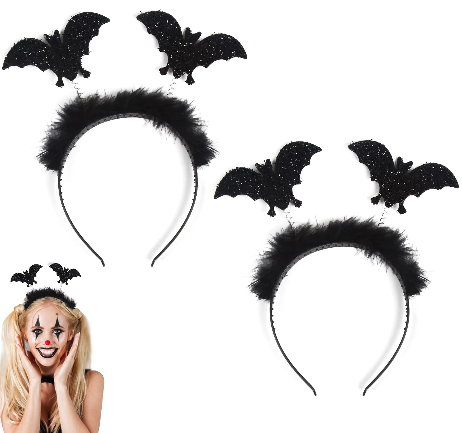 VEYLIN 2pcs Halloween Headbands, Black Bat Halloween Headbands for Adults Fancy Dress Ladies Fluffy Head Hair Band Headband