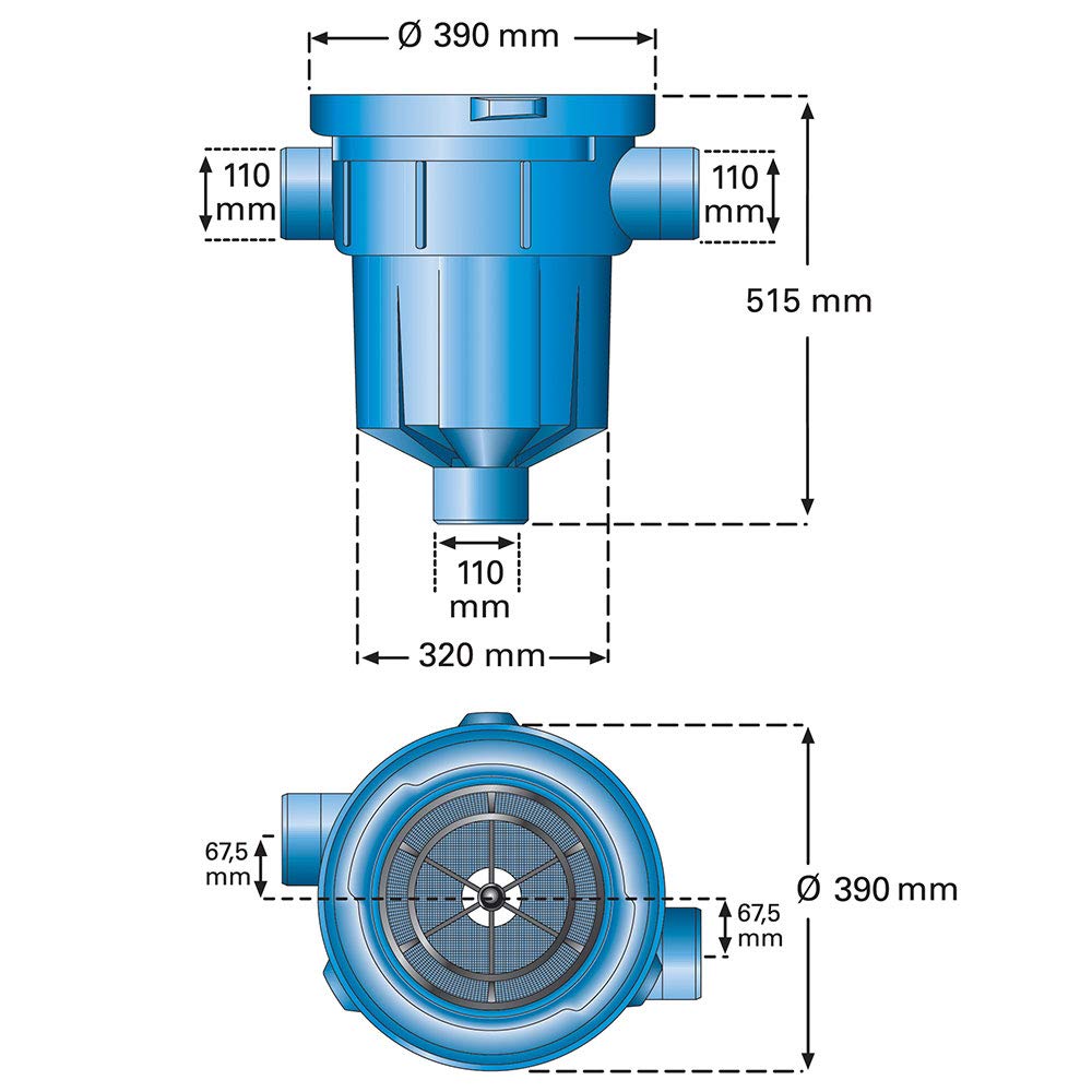 Regenwasserfilter Zisternenfilter 3P Gartenfilter GF mit Kunststoffsieb für den Einbau in die Zisterne oder Kunststoffzisterne, Anschluss DN100, Höhenversatz 0 cm. Für die Regenwassernutzung im Garten