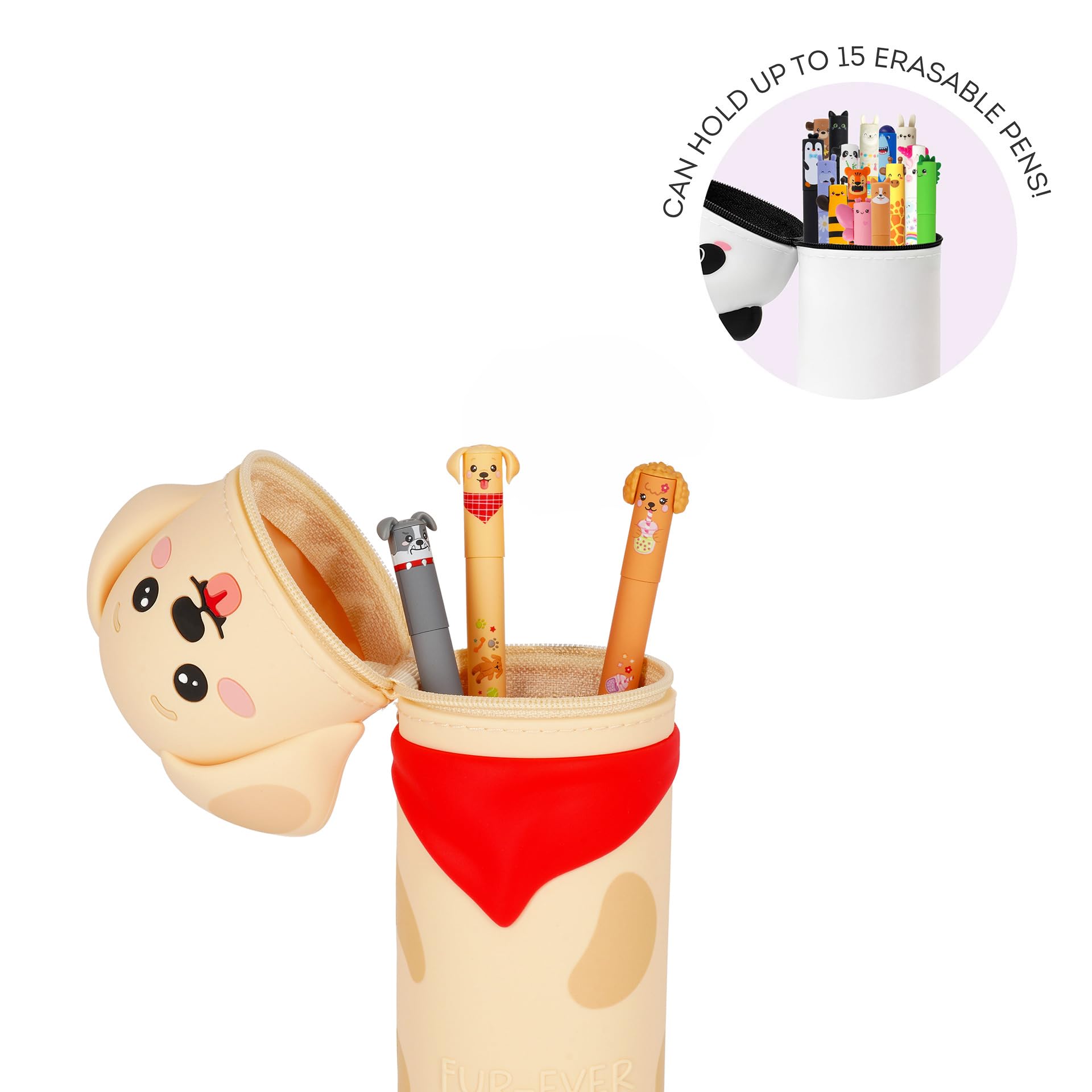 Legami - Kawaii Piórnik szkolny 2 w 1 z miękkiego silikonu, Fur-ever Friends, uchwyt na długopisy stołowe, zamknięcie na zamek błyskawiczny, długopisy kredkowe, wys. 20 cm