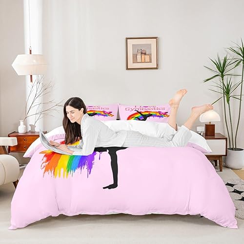 Miniatura 2 de Juego de funda de edredón para amantes de la gimnasia, tamaño Queen, silueta de gimnasta, juego de ropa de cama rosa para niños, adolescentes y