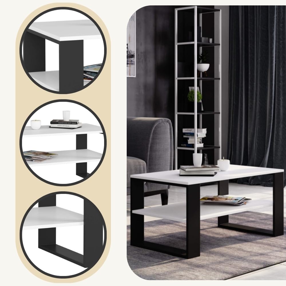 AKORD Table de Salon avec 1 étagère NOX | 92 x 45 x 53 cm | Table Basse Design Moderne | Tables Basses de Salon | Tableau Meuble de Rangement | Panneau Stratifié 16mm | Noir & Blanc