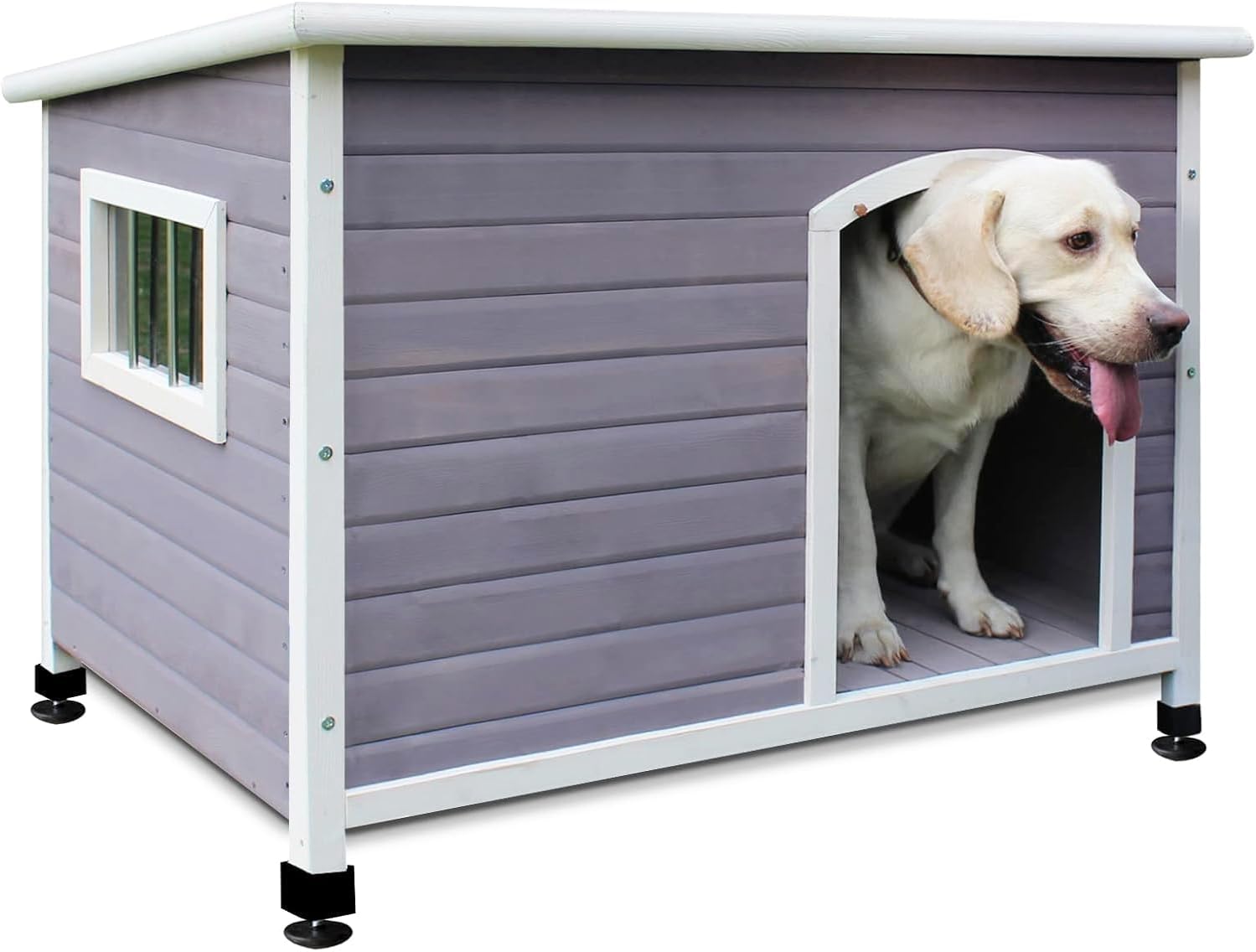 40" Wooden Outdoor Dog Houses, Waterproof Dog House Outside with Window & Door Flap Waterproof Dog House Outdoor Indoor, Assemble Easily-Grey Grey-Medium