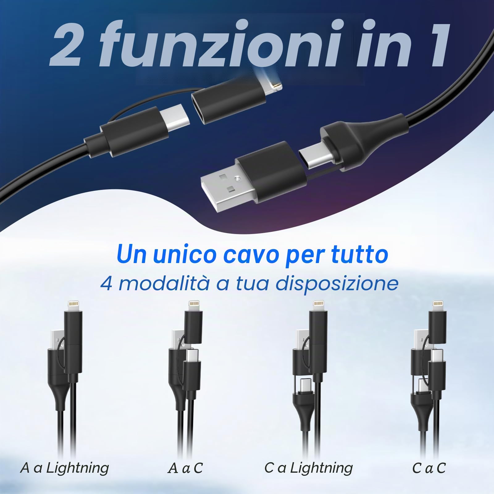 Cavo USB C e Lightning 4 in 1 [Certificato MFi] iPhone CarPlay e Android Auto, ricarica rapida e sincronizzazione dati da 60 W, cavo di ricarica multiplo a spirale per iPhone/Android/iPad/laptop