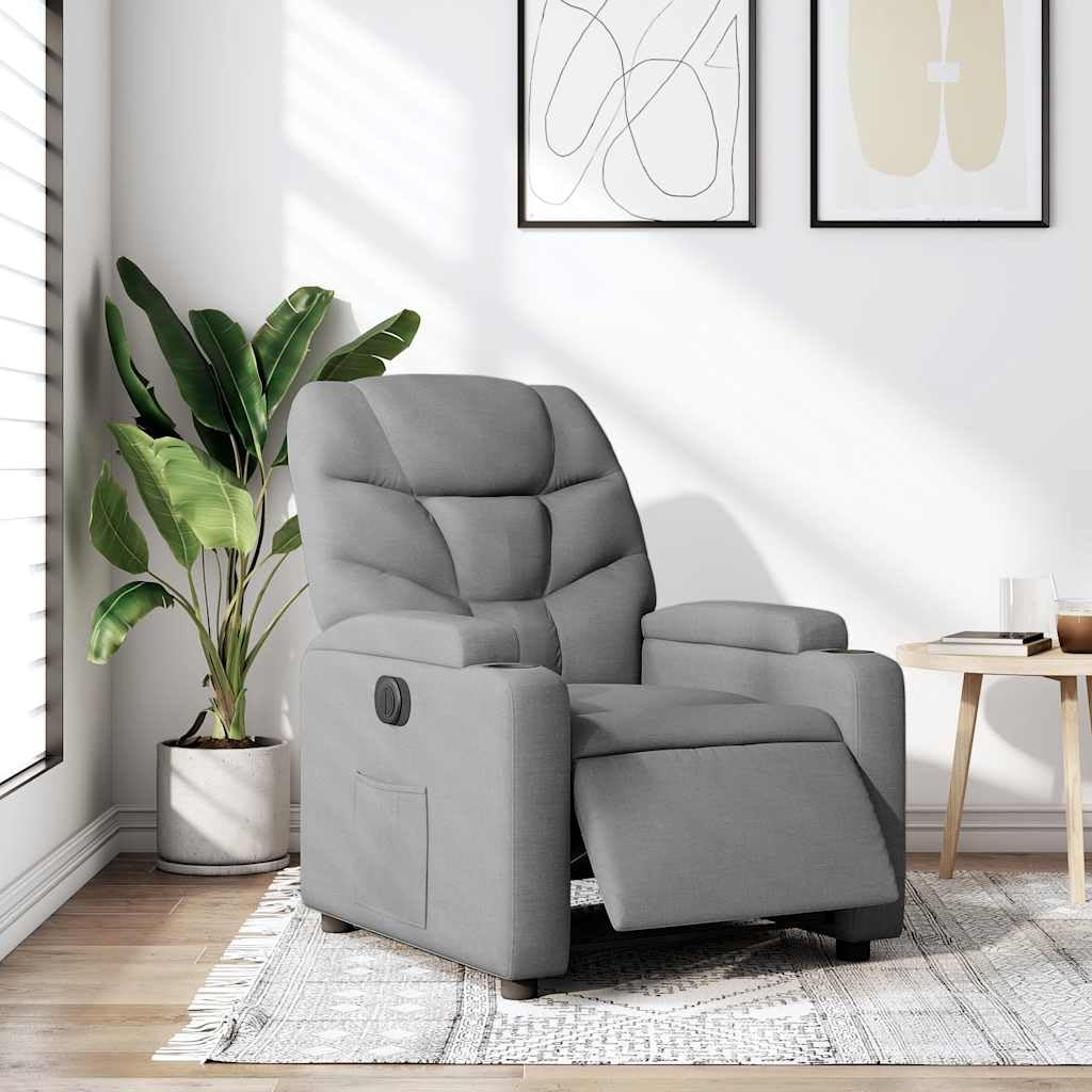 Fotel relaksacyjny, elektryczny, jasnoszary, materiał z funkcją leżenia, regulowany, ergonomiczny, wygodny, z podłokietnikami, drewniana rama metalowa, do salonu, kącika do czytania i biura