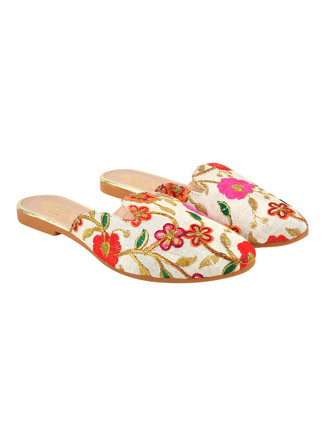 Women’s Floral Embroidered Mule Flats | Ethnic Slip-On Closed Toe Juttis | Lightweight Casual & Festive Footwear-image-14