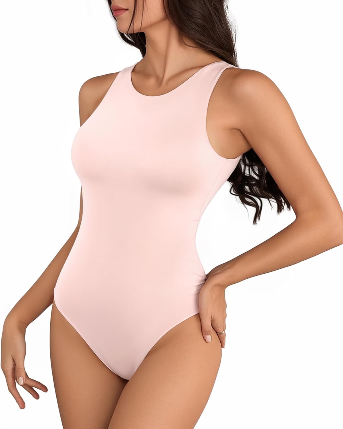 MANGOPOP Women's Sleeveless Bodysuit Double Lined Round Neck Thong Body Suit Sleeveless Slim Fitted Tank Top - Image 2