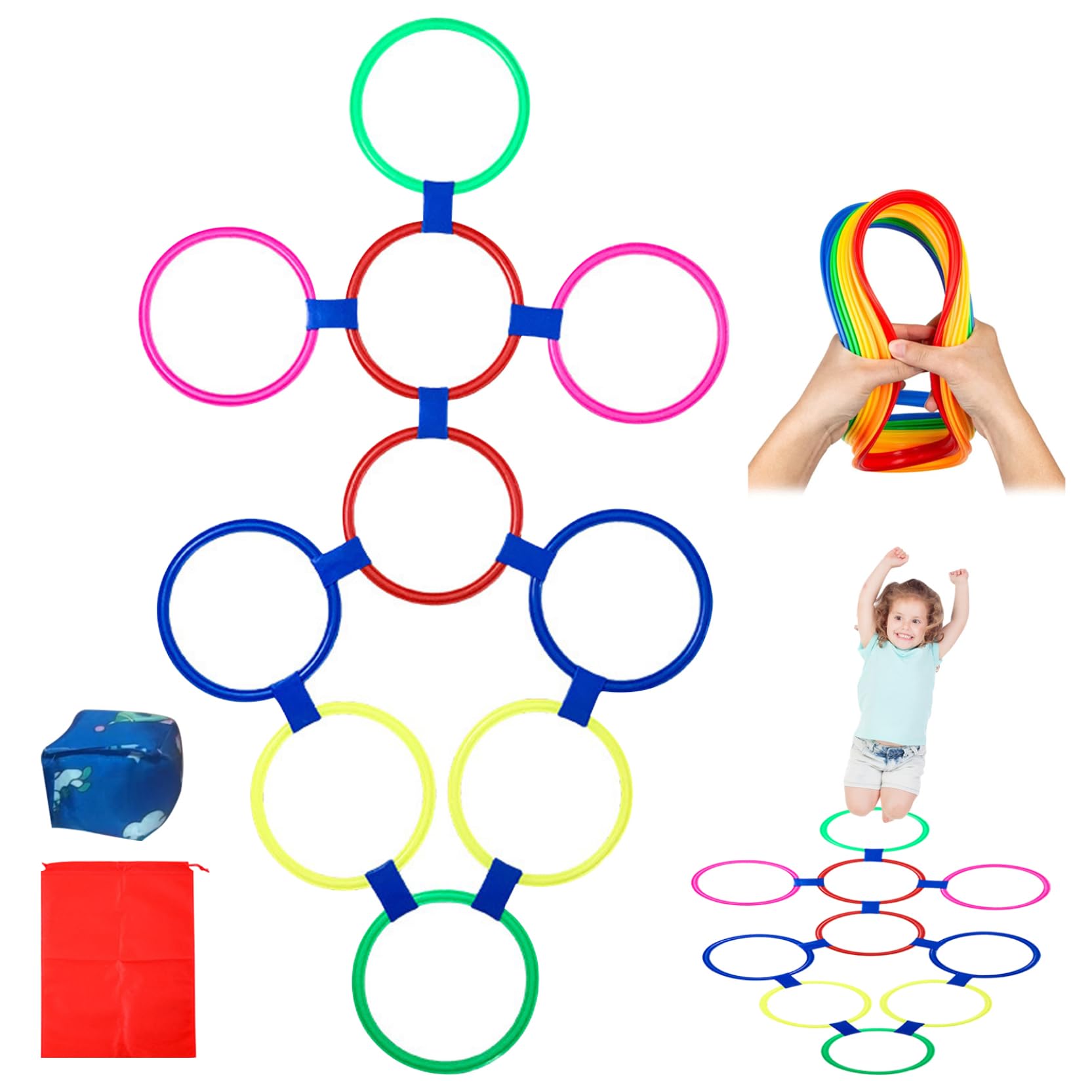 Uanqfegy Hopscotch Rings - 10Pcs Hopscotch Rings with Bean Bag Toss, Multi-Colored Obstacle Course for Kids
