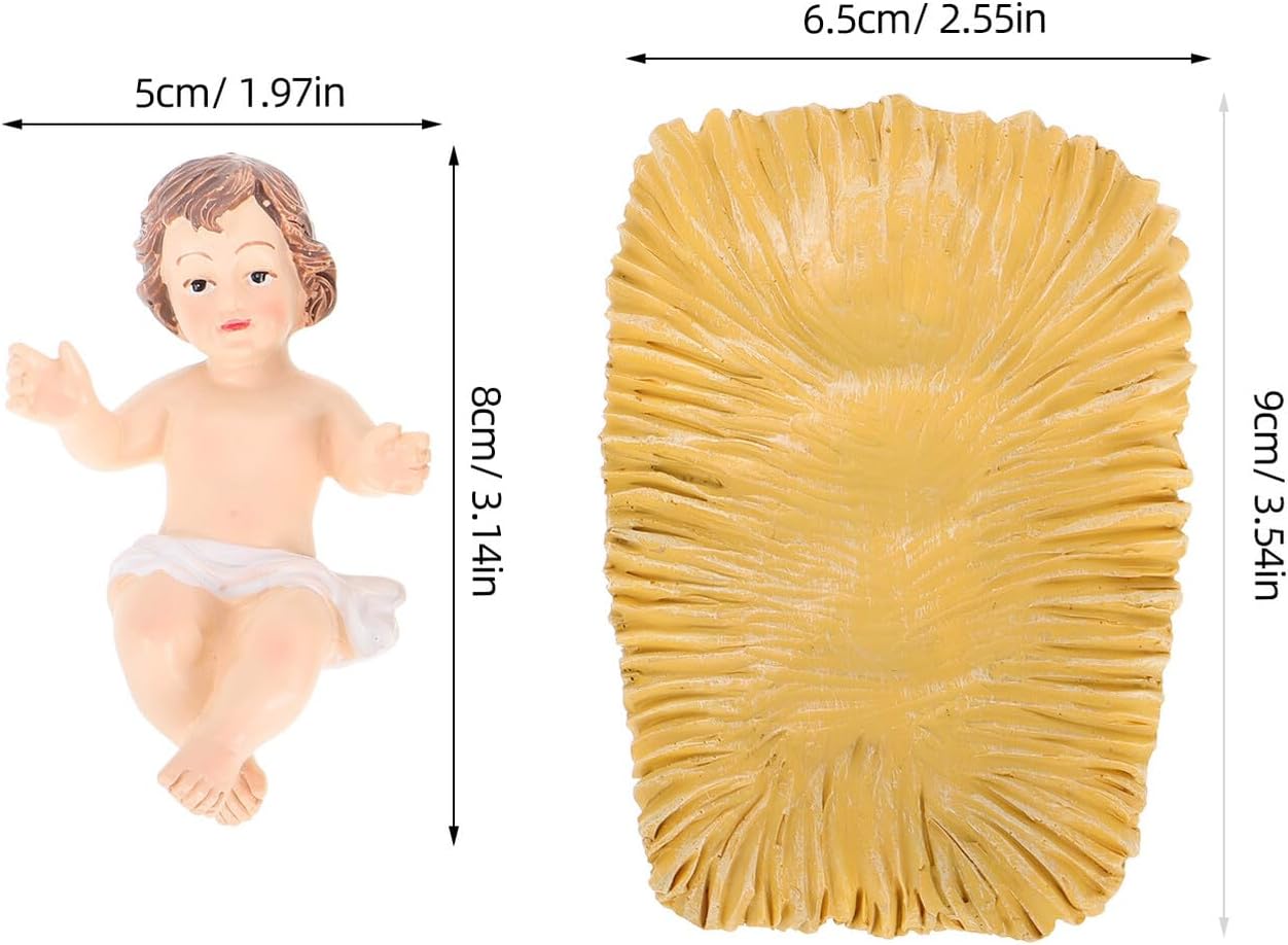 Jesus Figurine in Manger with Faux Straw Resin Decorative God Statue Religious Desktop Ornament for Home and Office Christmas Nativity Scene